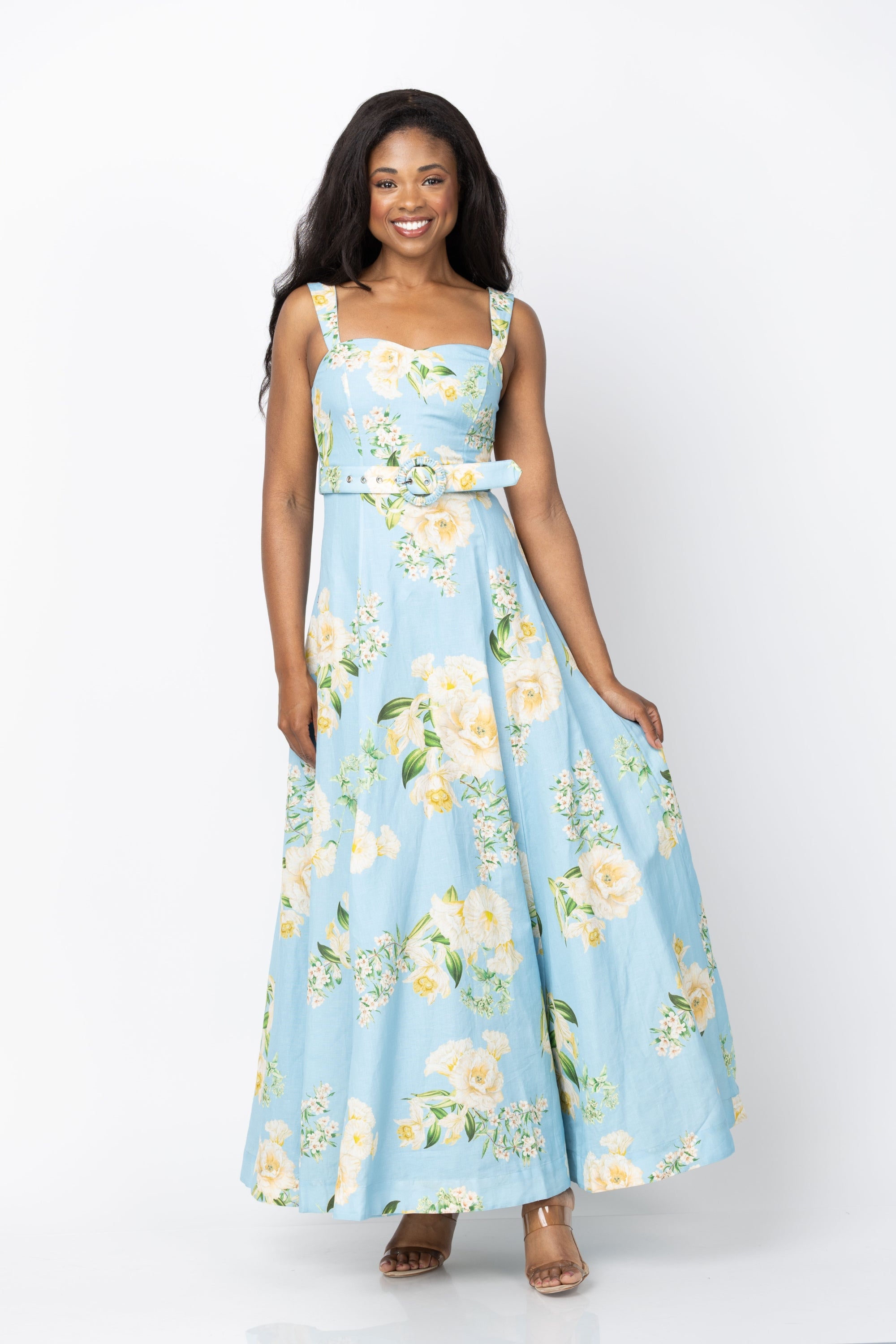 Hemant and Nandita Sweetheart Neck Maxi Dress With Buckle Belt in Blue