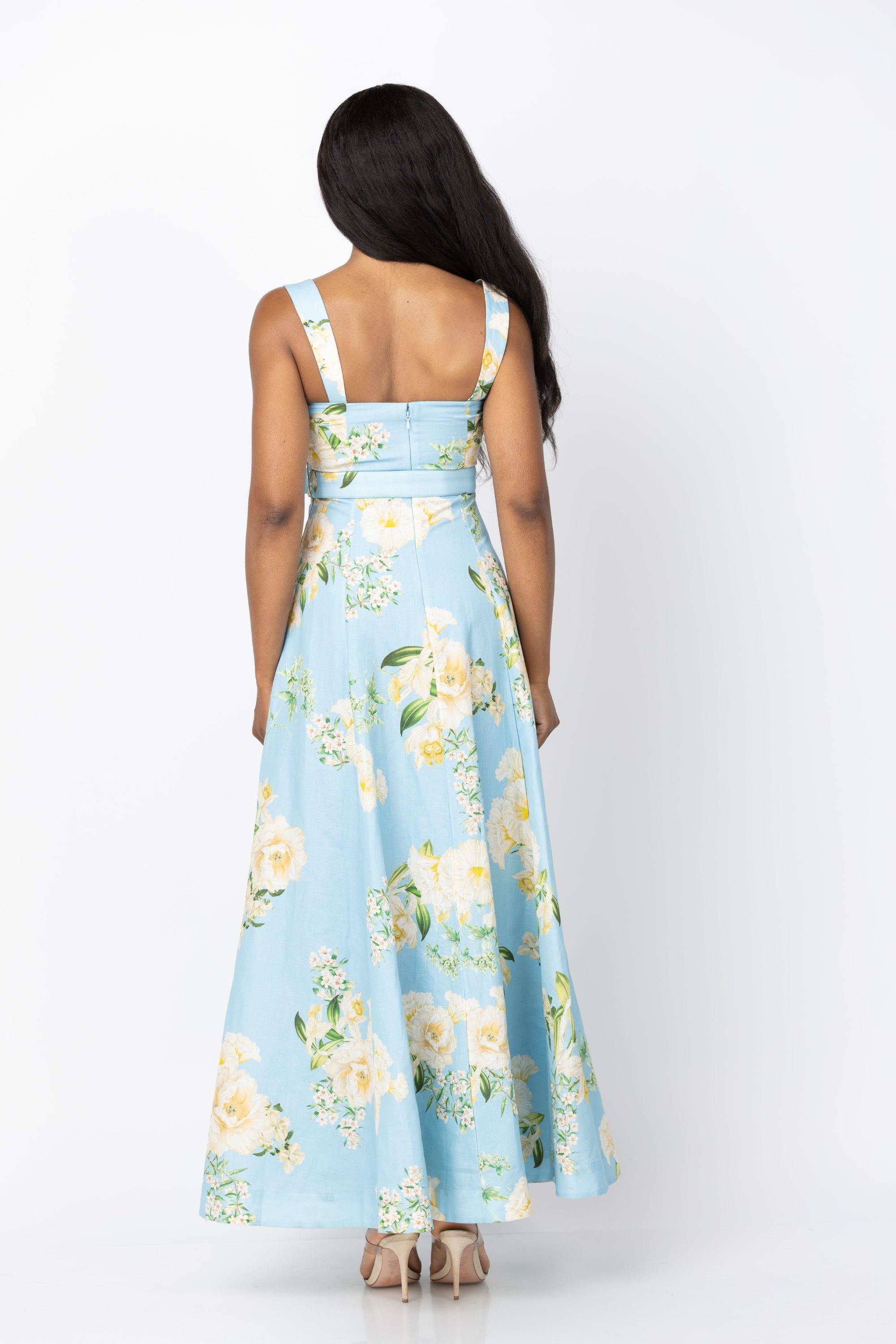 Hemant and Nandita Sweetheart Neck Maxi Dress With Buckle Belt in Blue