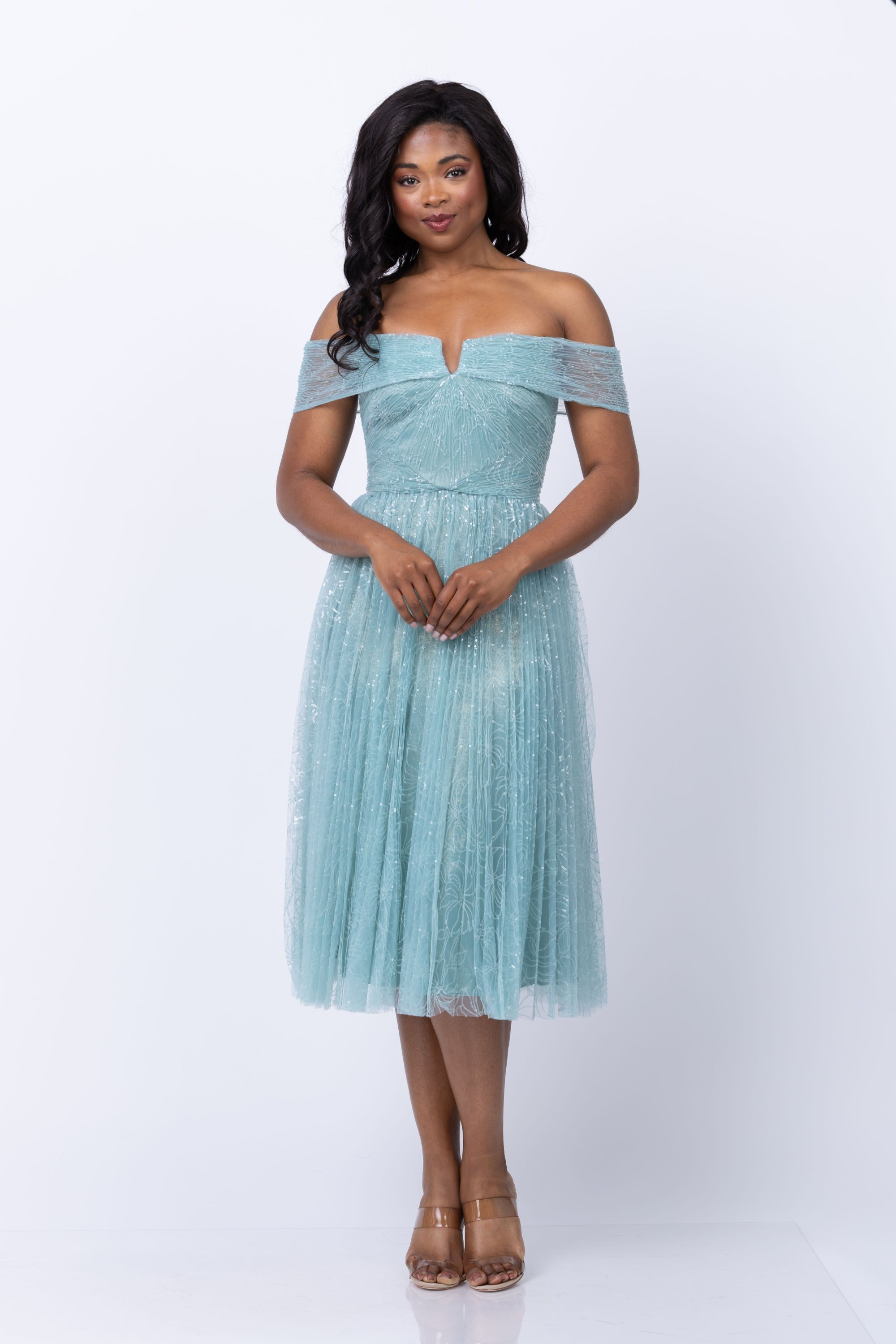 Theia Devyn Off Shoulder Dress in Aqua Mist