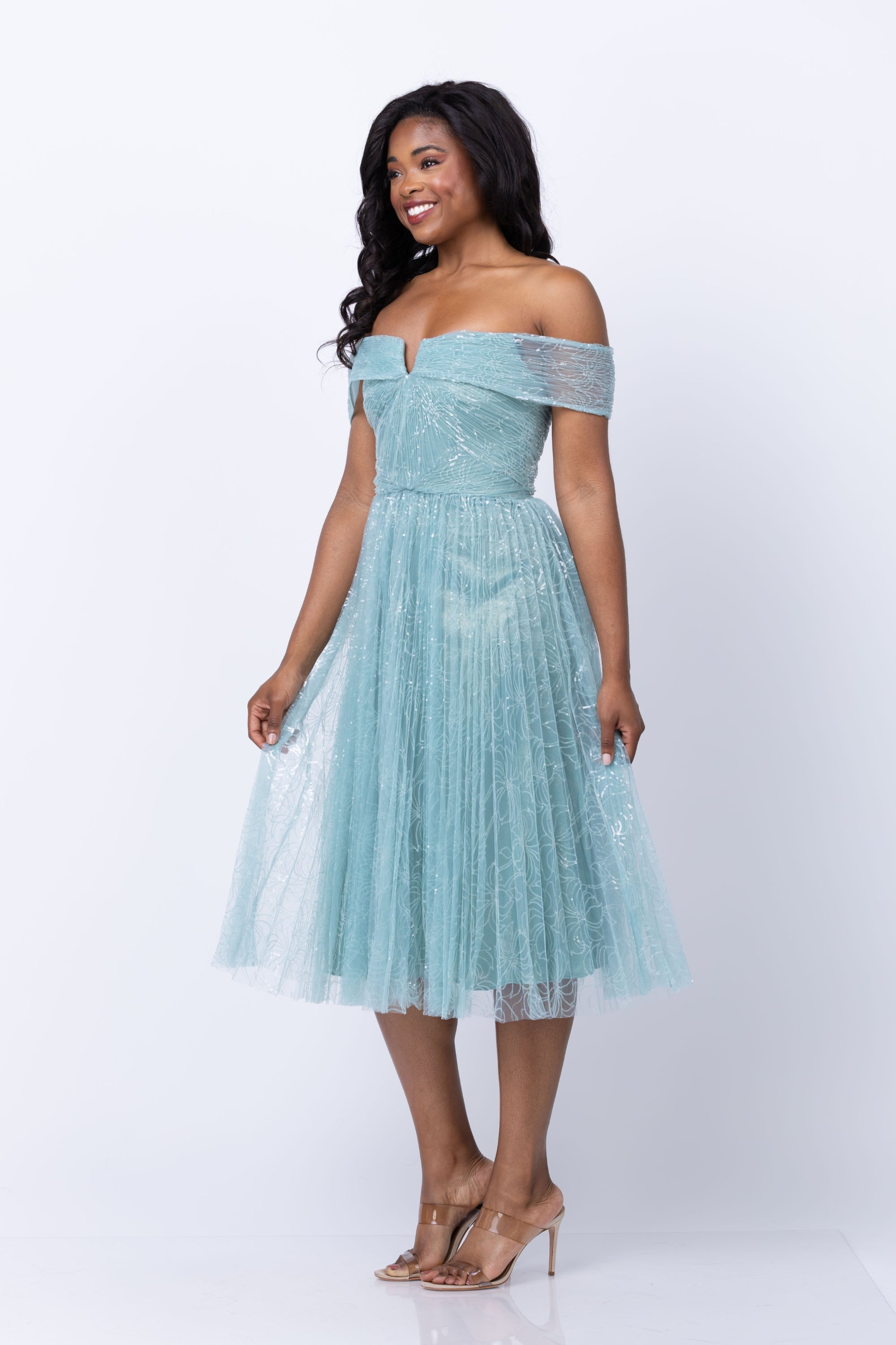 Theia Devyn Off Shoulder Dress in Aqua Mist