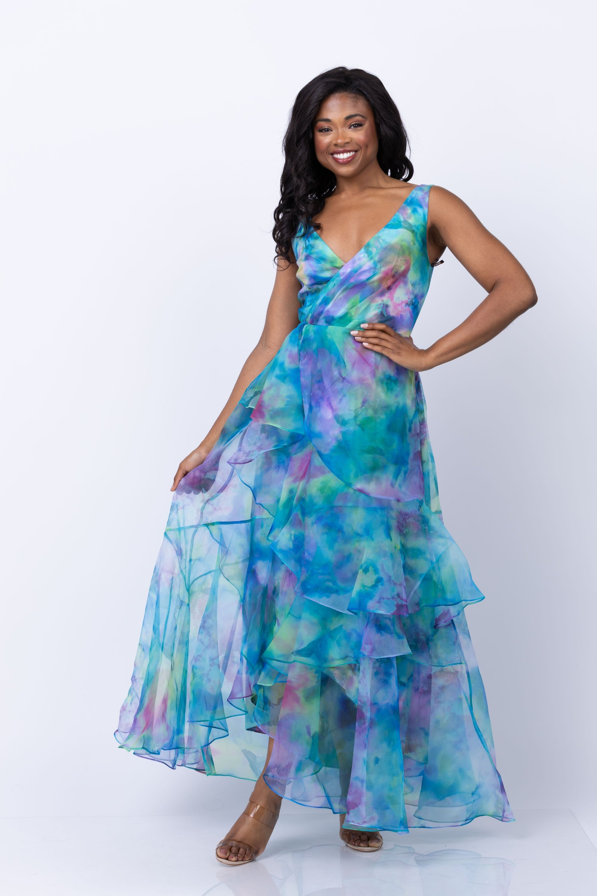 open lace back dress Theia Karen Organza V Neck Gown In Aquatic Blooms