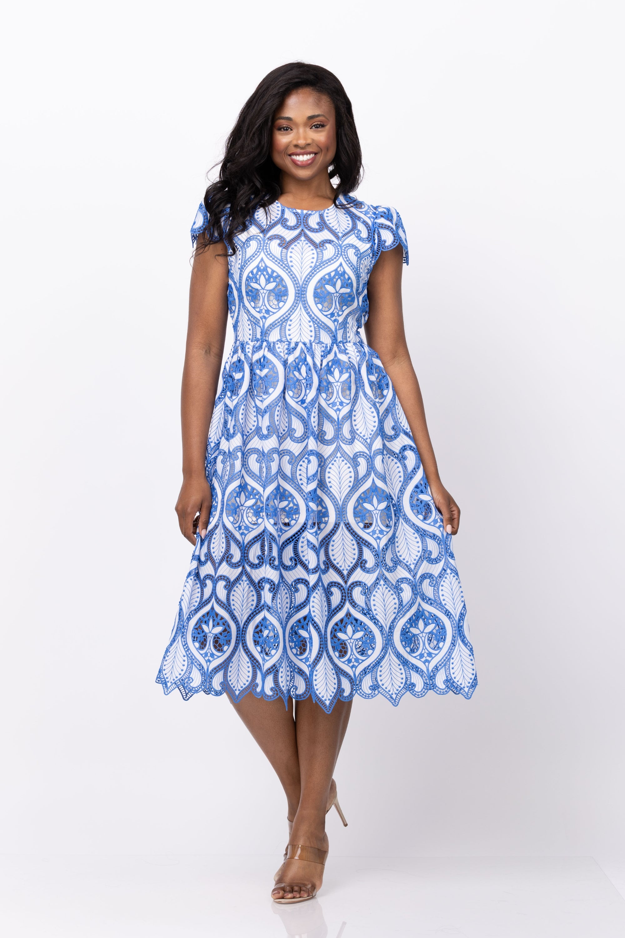 Caballero Collection Raquel Dress in White/French Blue Lace
