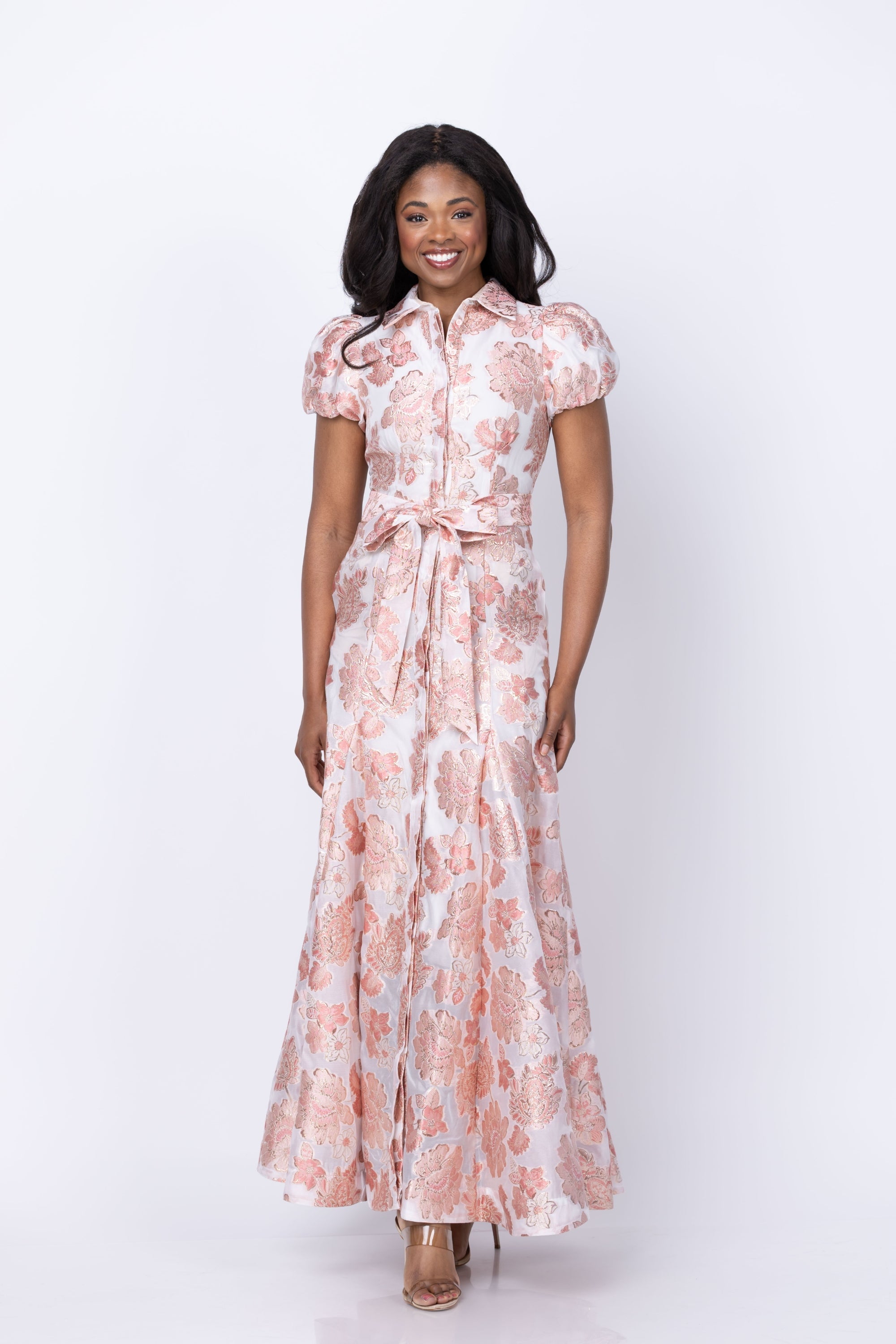 Alice + Olivia Henrietta Fitted Full Flare Maxi Dress with Tie Belt in English Rose Alice + Olivia Henrietta Fitted Full Flare Maxi Dress with Tie Belt in English Rose