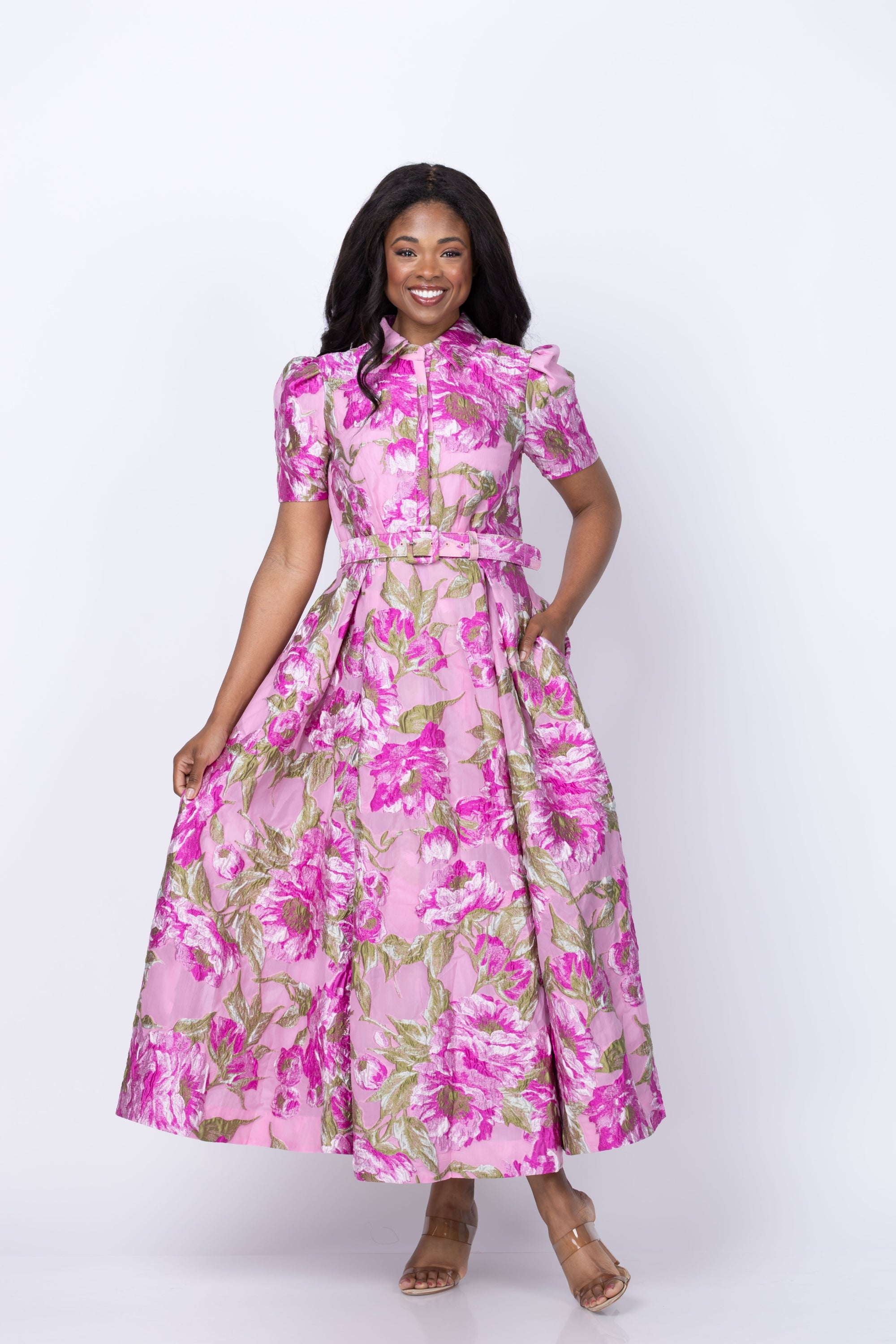 theia dresses Abba Jacquard Dress 8 / Opera Mauve / Meadow Green