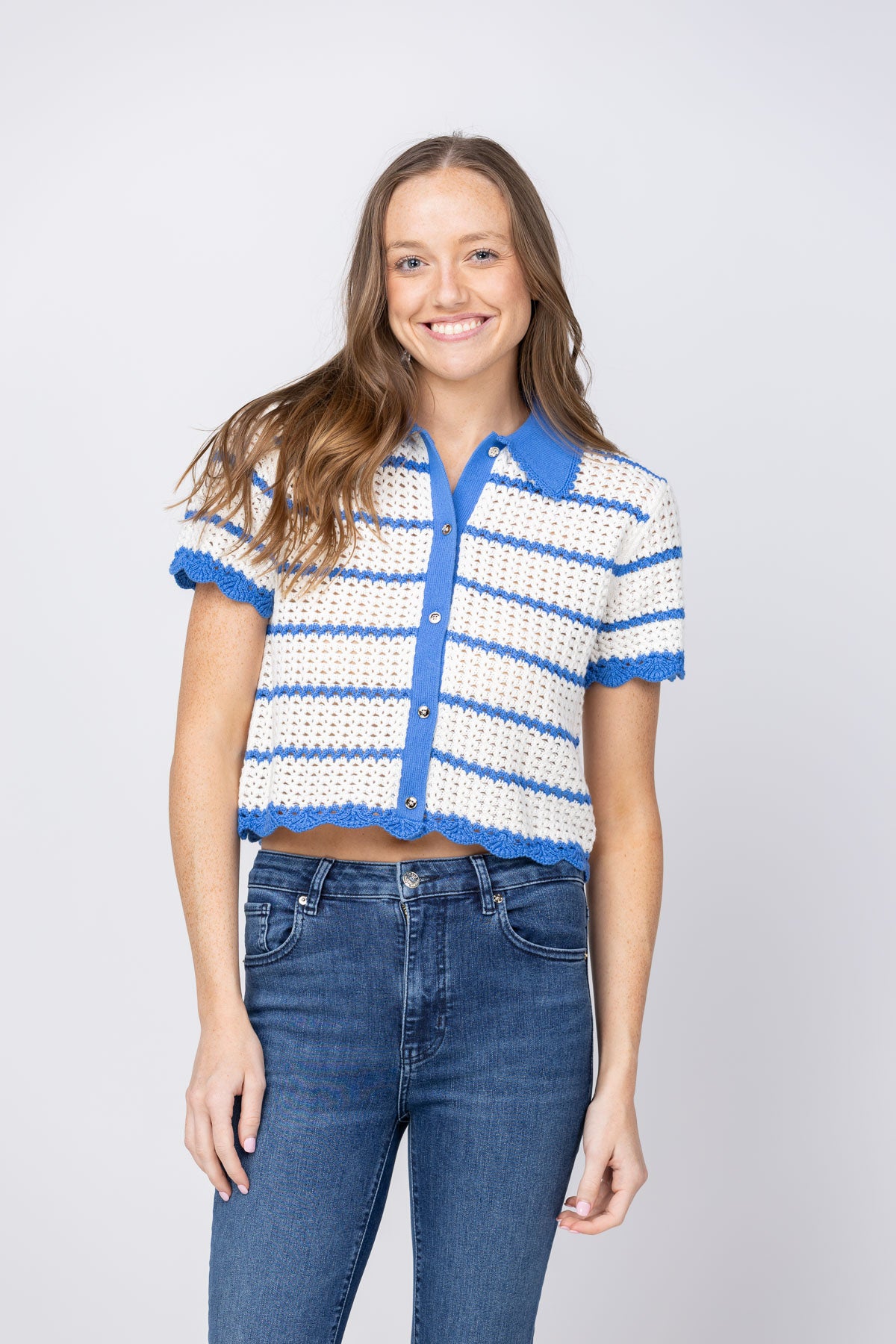 Alice + Olivia Randall Pointelle Polo Cardigan in Blue Iris/White