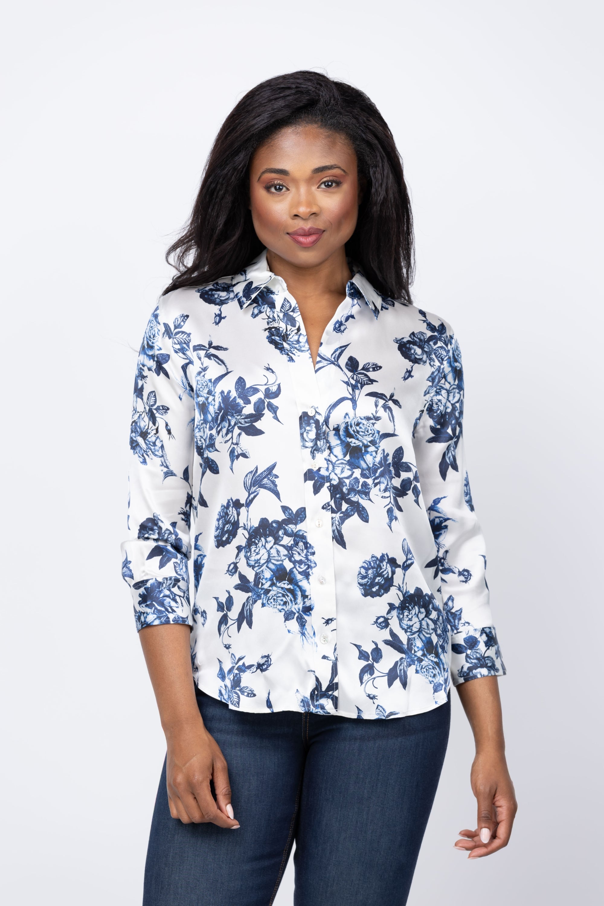 L'Agence Dani 3/4 Sleeve Blouse in White/Blue Painterly Floral
