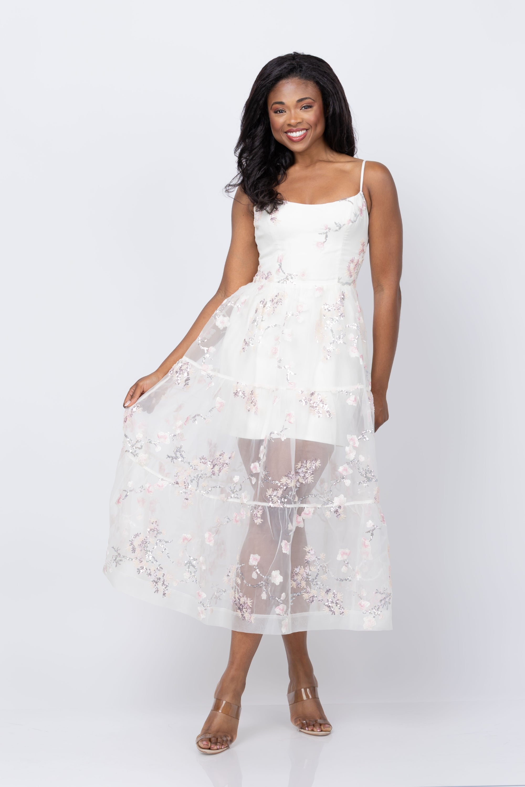 Helsi Adela Embroidered Mesh A-Line Midi Dress - Ivory Floral Helsi Adela Embroidered Mesh A-Line Midi Dress - Ivory Floral