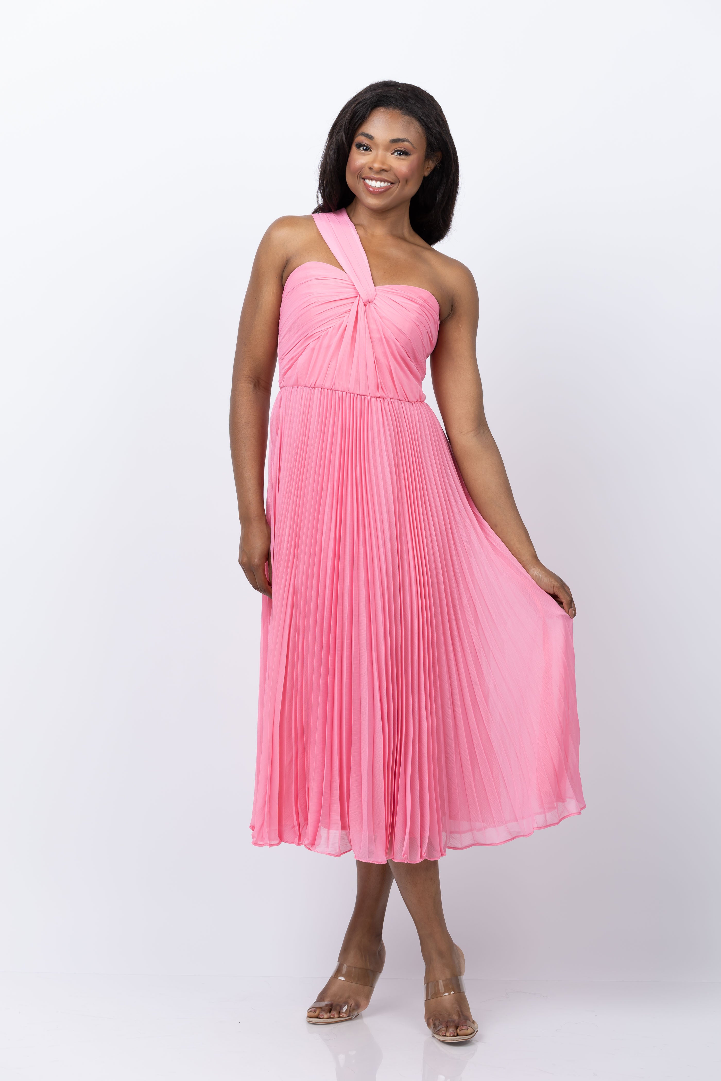 ML Monique Lhuillier Lindsay Chiffon Asymmetrical Midi Dress in Candy Pink ML Monique Lhuillier Lindsay Chiffon Asymmetrical Midi Dress in Candy Pink