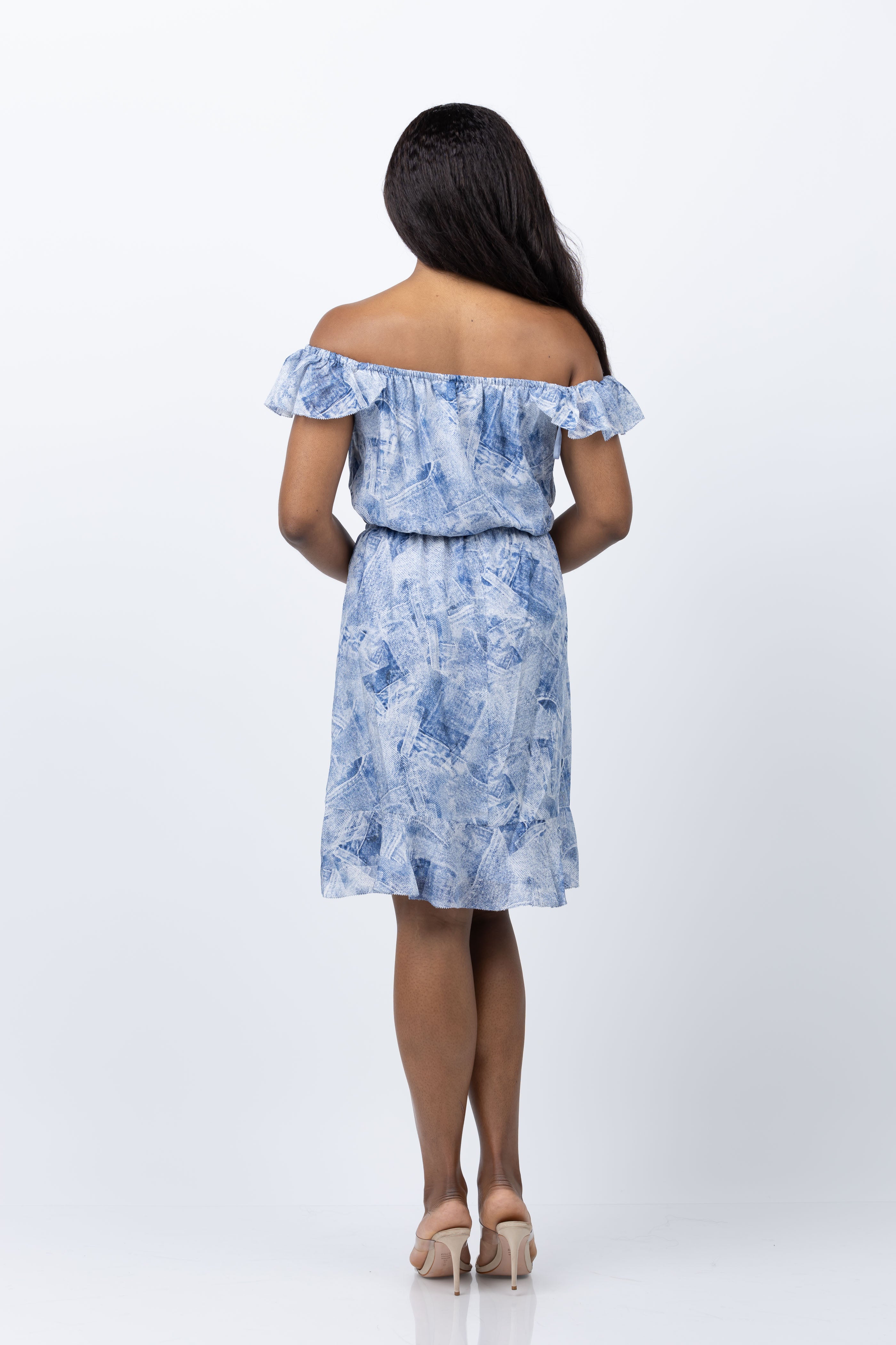 L'AGENCE Leonie Silk Off-The-Shoulder Dress in Blue Multi Denim