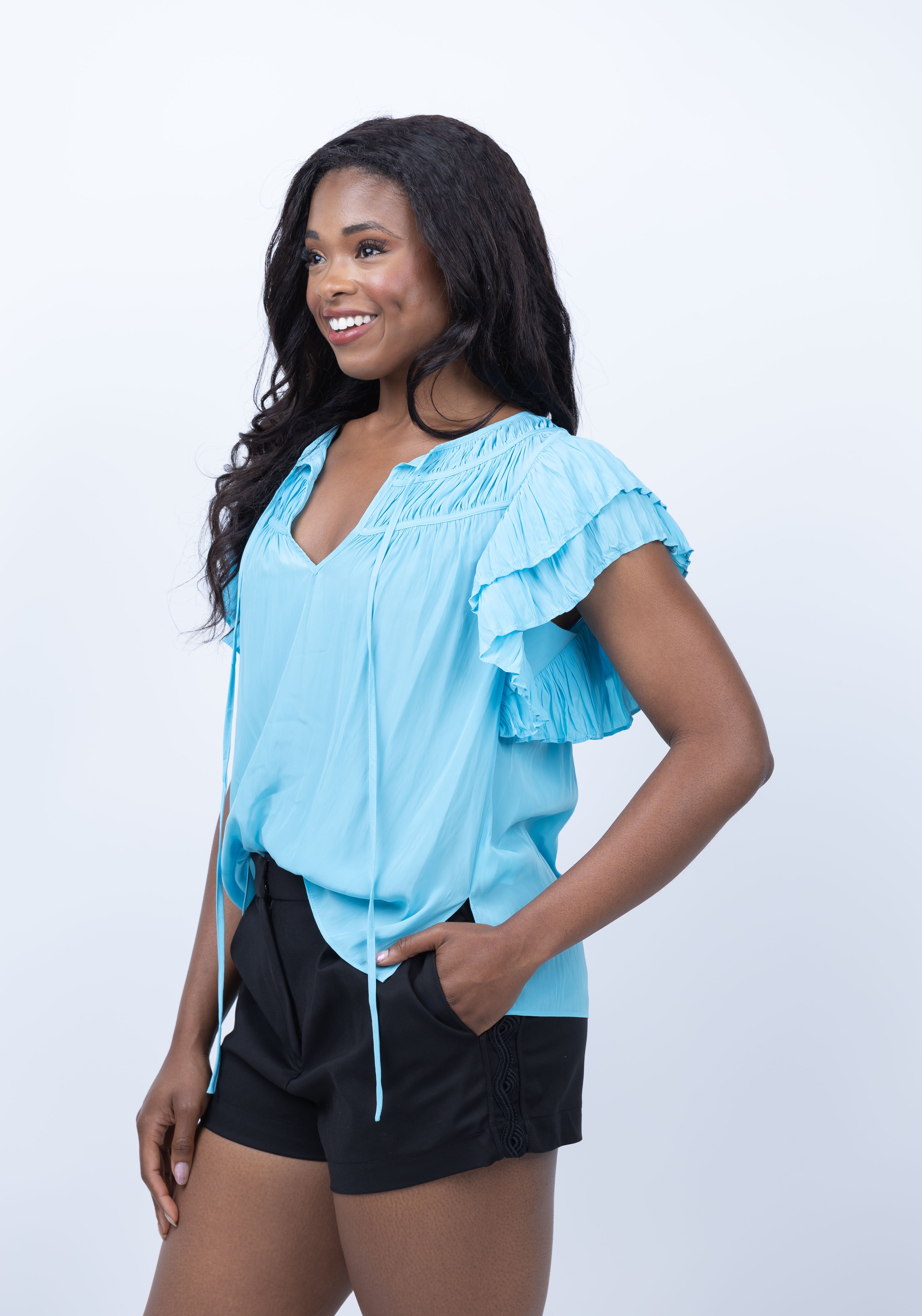 Ramy Brook Sue Flutter Sleeve Top in Isola Blue