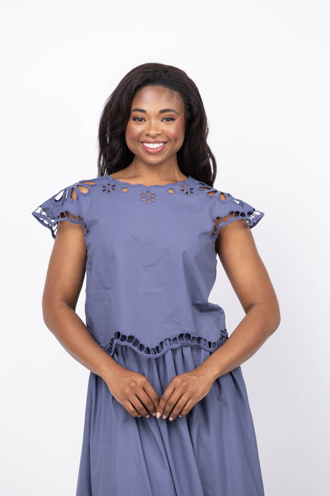The Great. The Super Bloom Eyelet Top in Vintage Blue