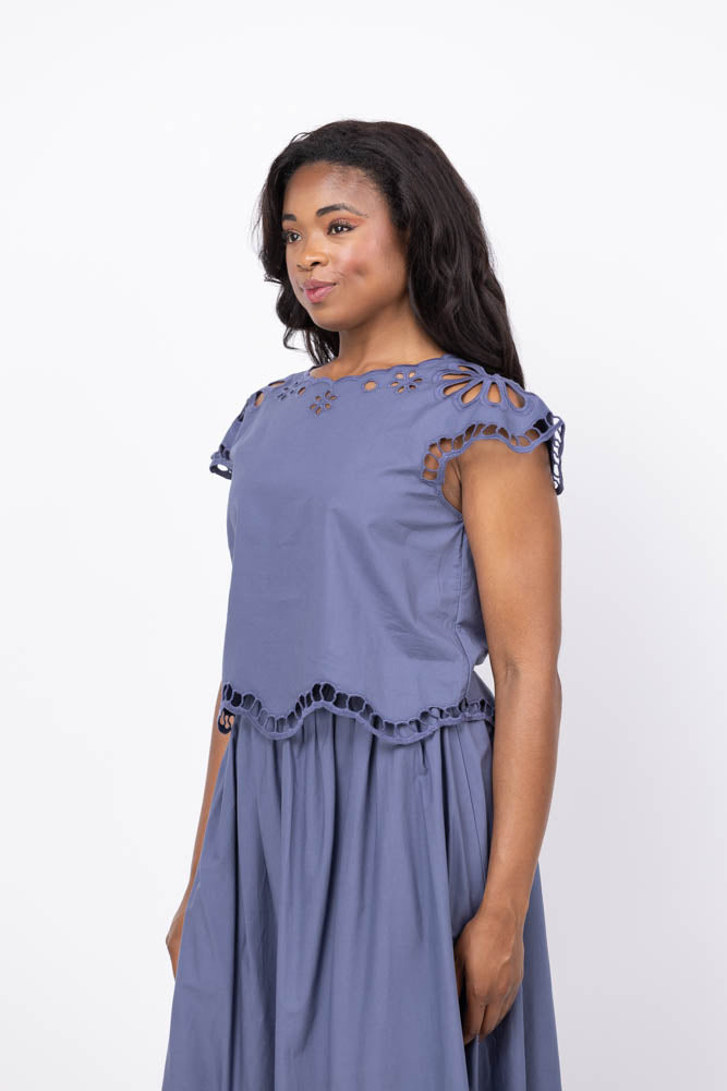 The Great. The Super Bloom Eyelet Top in Vintage Blue