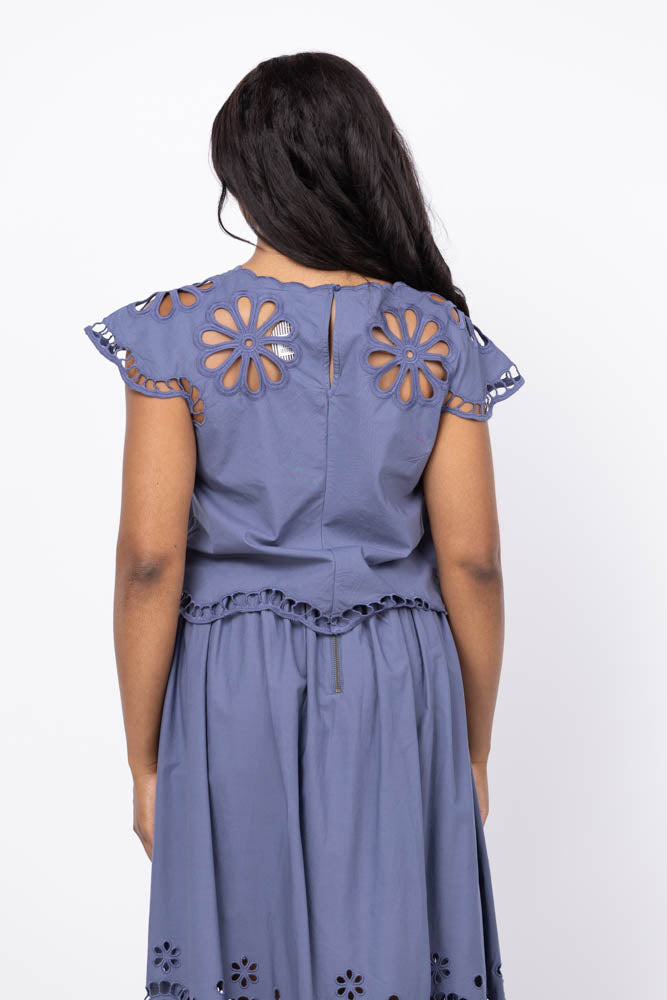 The Great. The Super Bloom Eyelet Top in Vintage Blue
