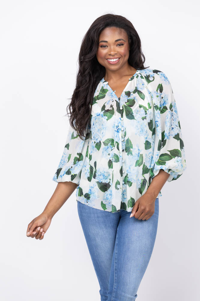 L'AGENCE Teagan Dolman Sleeve Blouse in Ivory/Light Blue Hydrangea