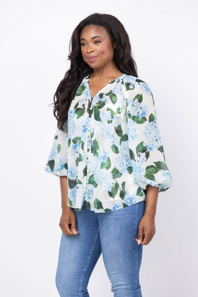 L'AGENCE Teagan Dolman Sleeve Blouse in Ivory/Light Blue Hydrangea