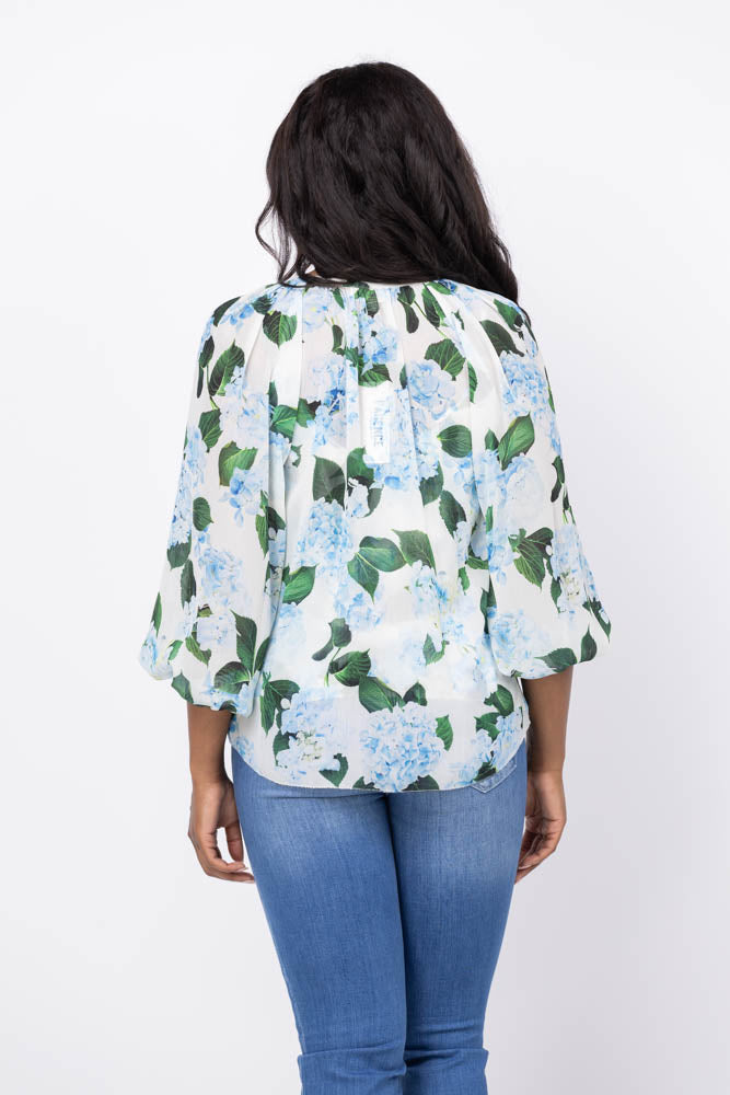 L'AGENCE Teagan Dolman Sleeve Blouse in Ivory/Light Blue Hydrangea