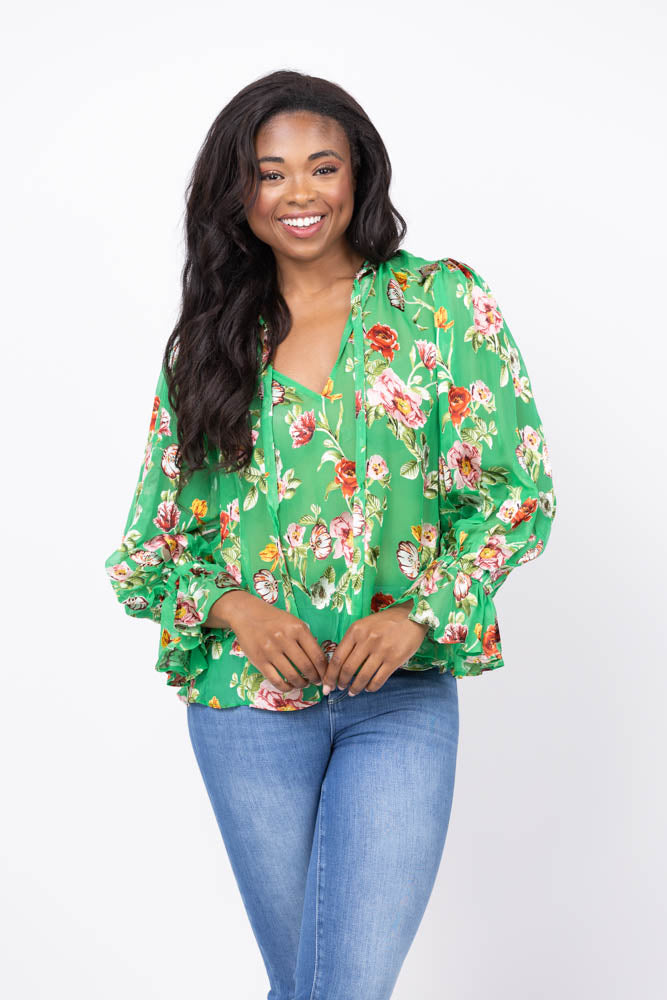 Alice + Olivia Moranne Tie Neck Top in Hamptons Floral Small