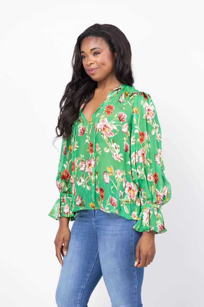 Alice + Olivia Moranne Tie Neck Top in Hamptons Floral Small