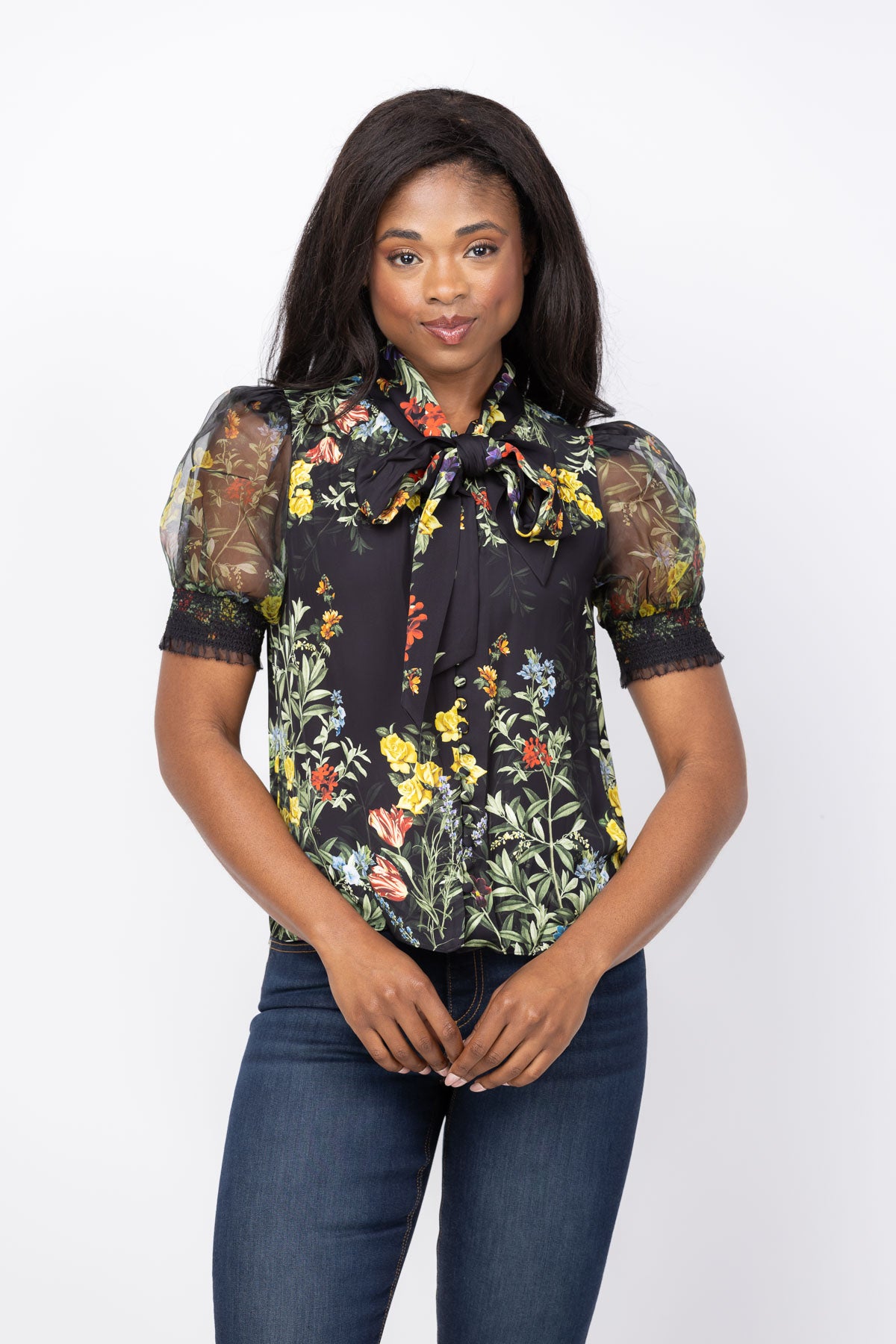 Alice + Olivia Brentley Tie Nk Puff Slv Blouse