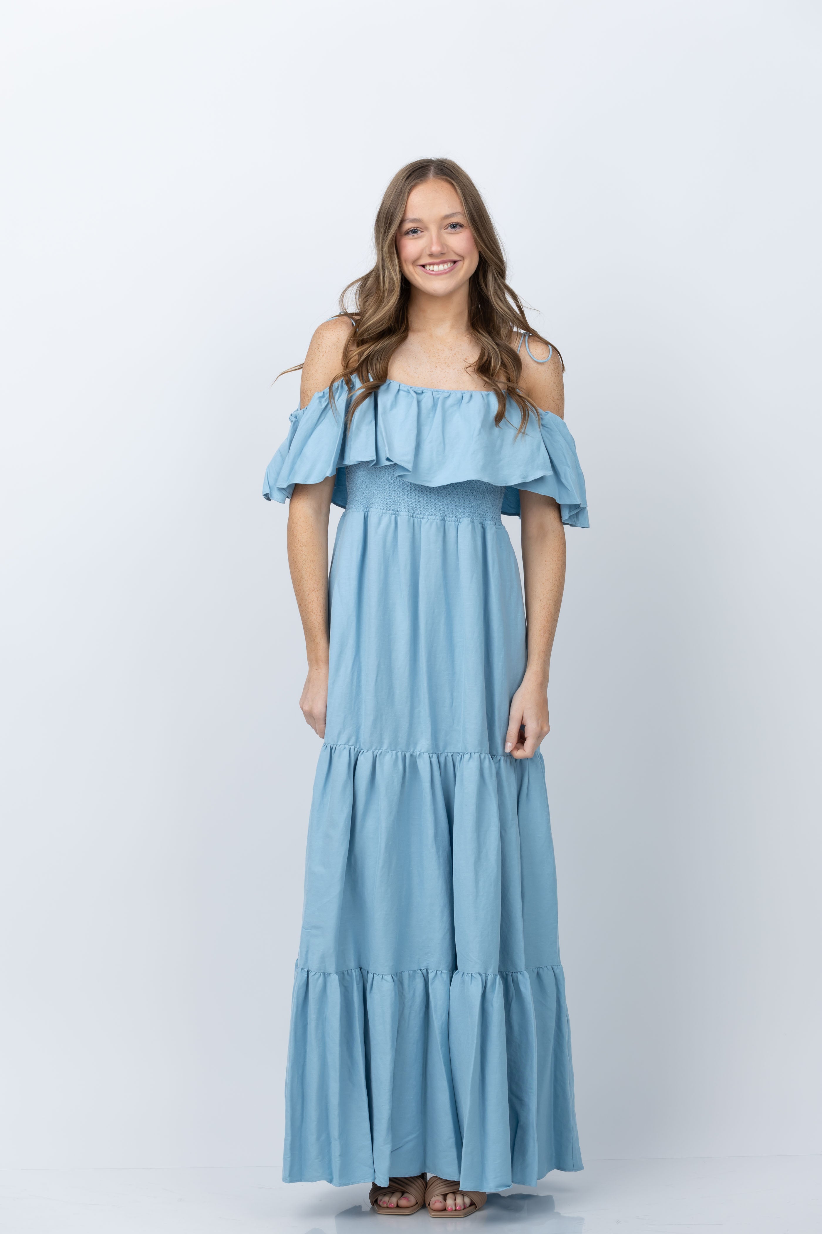 fitted lace wedding dress Alice + Olivia Kia Off the Shoulder Tiered Maxi Dress in Mineral Blue