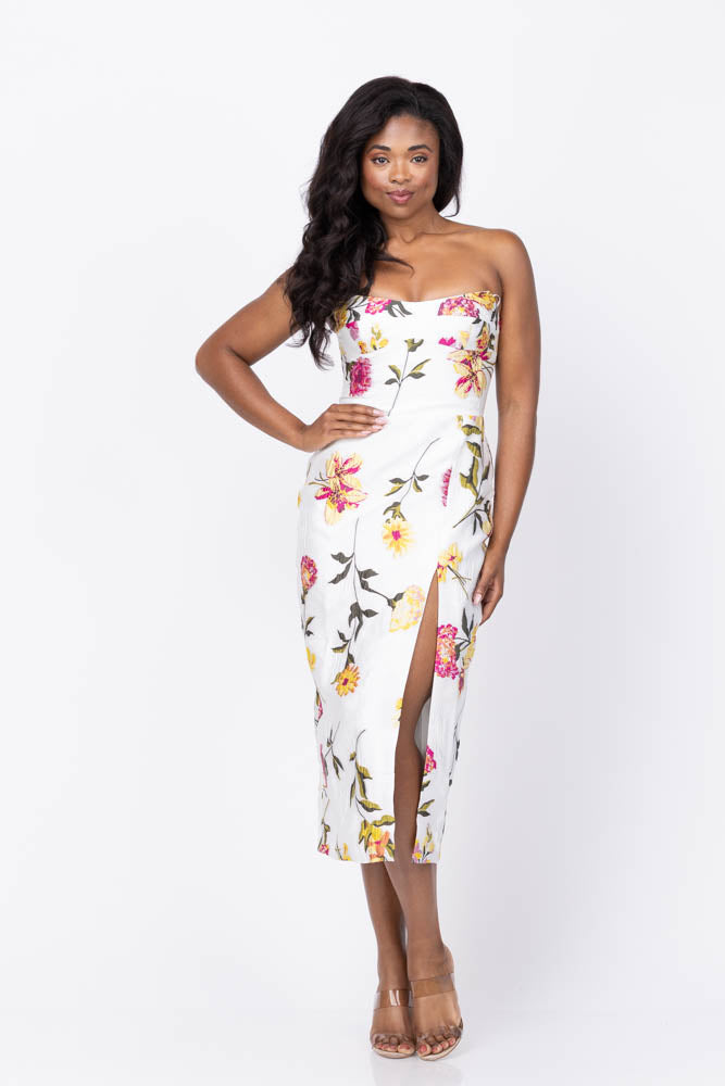 Strapless Midi Ivy Dress in White Multi | L
