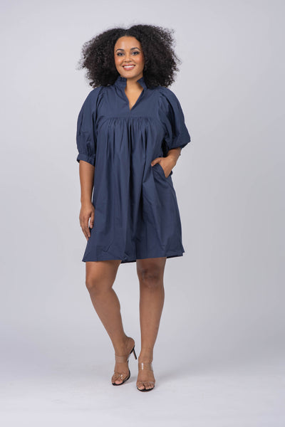 Never A Wallflower High Neck Dress in Navy Solid Cotton