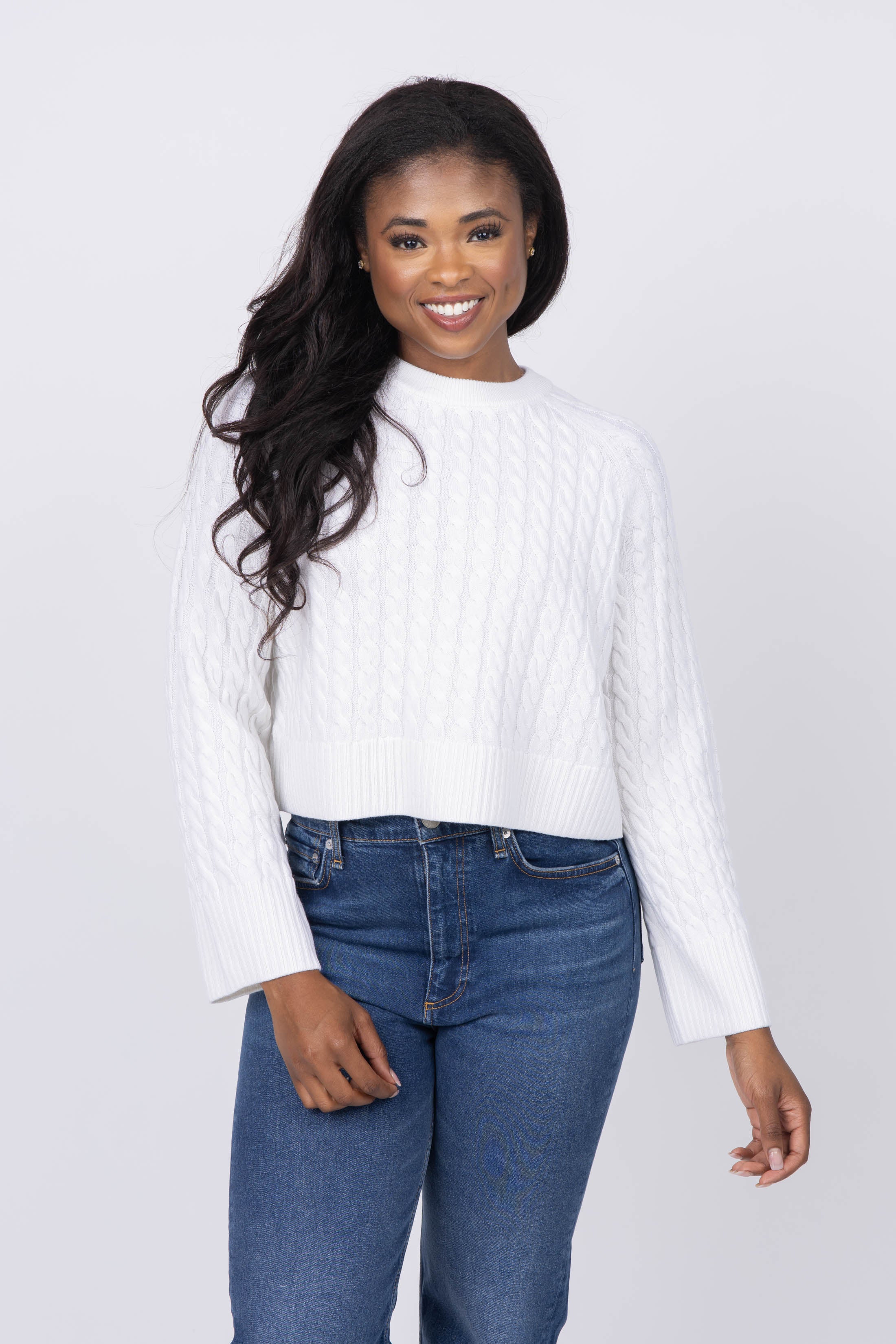 Alice + Olivia Cimaron Cable Knit Sweater in PLV/Ecru