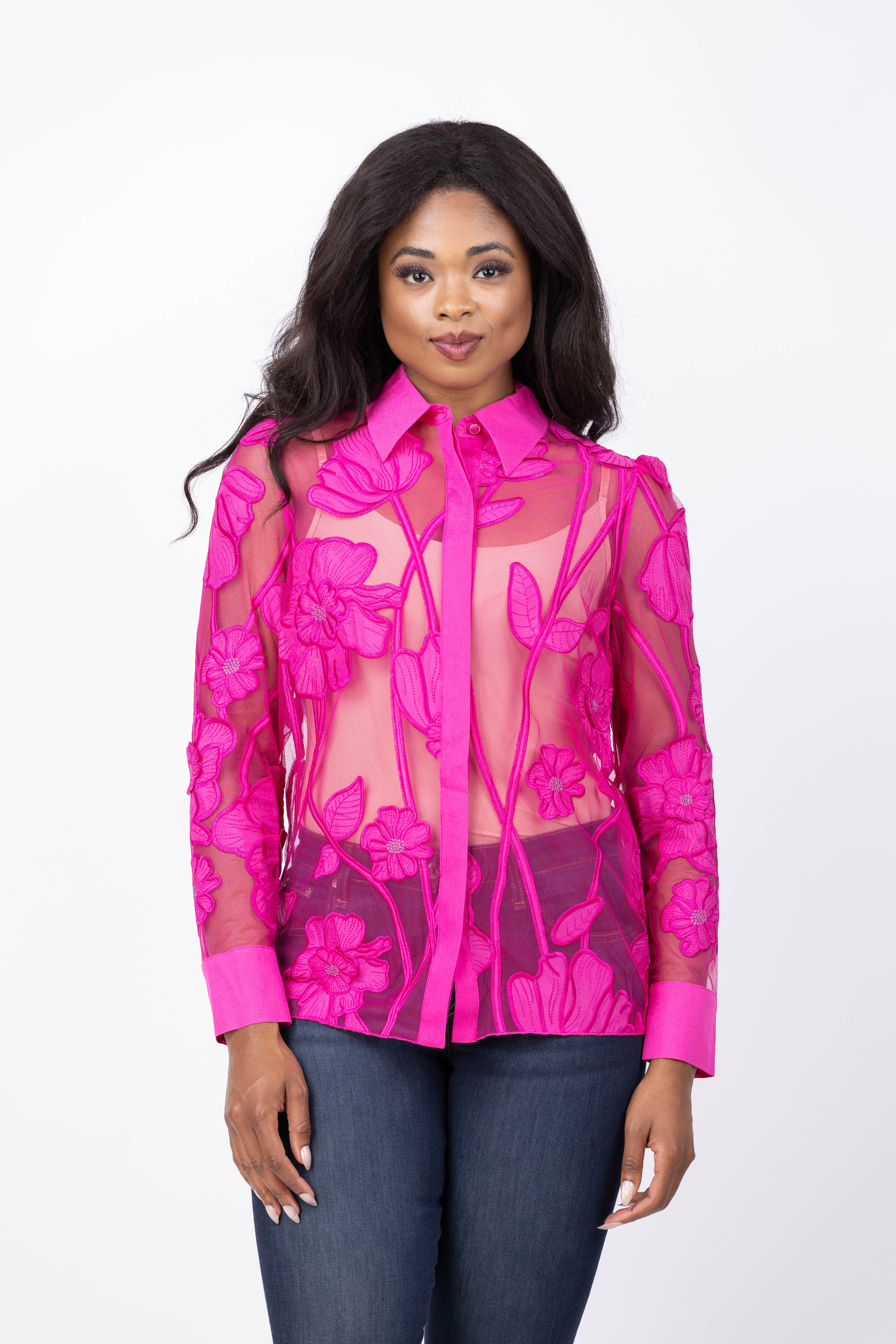 Milly Ashton Grand Fleur Embroidered Top in Raspberry