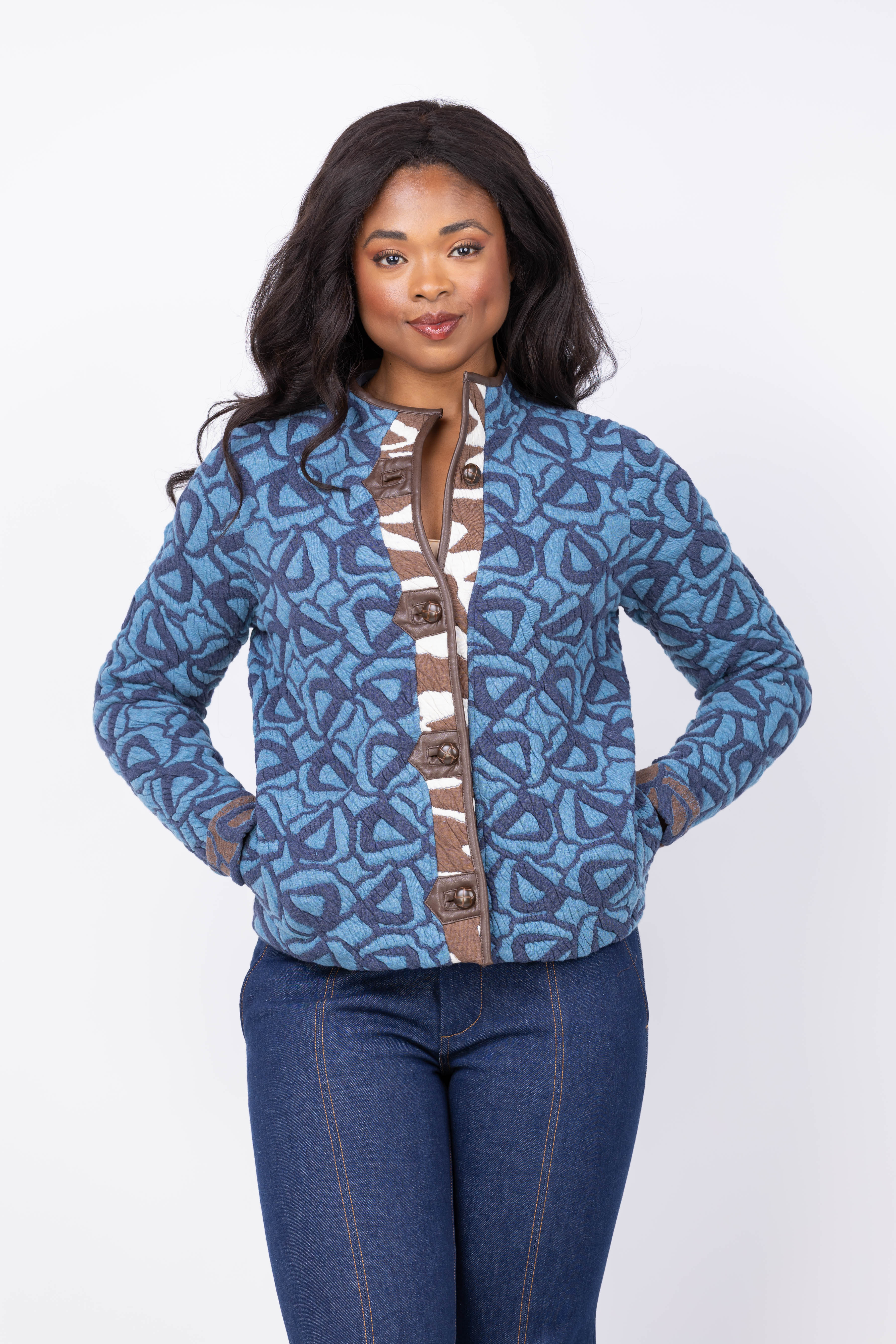 Nic + Zoe Quilted Faux Leather Trim Jacket in Blue Multi
