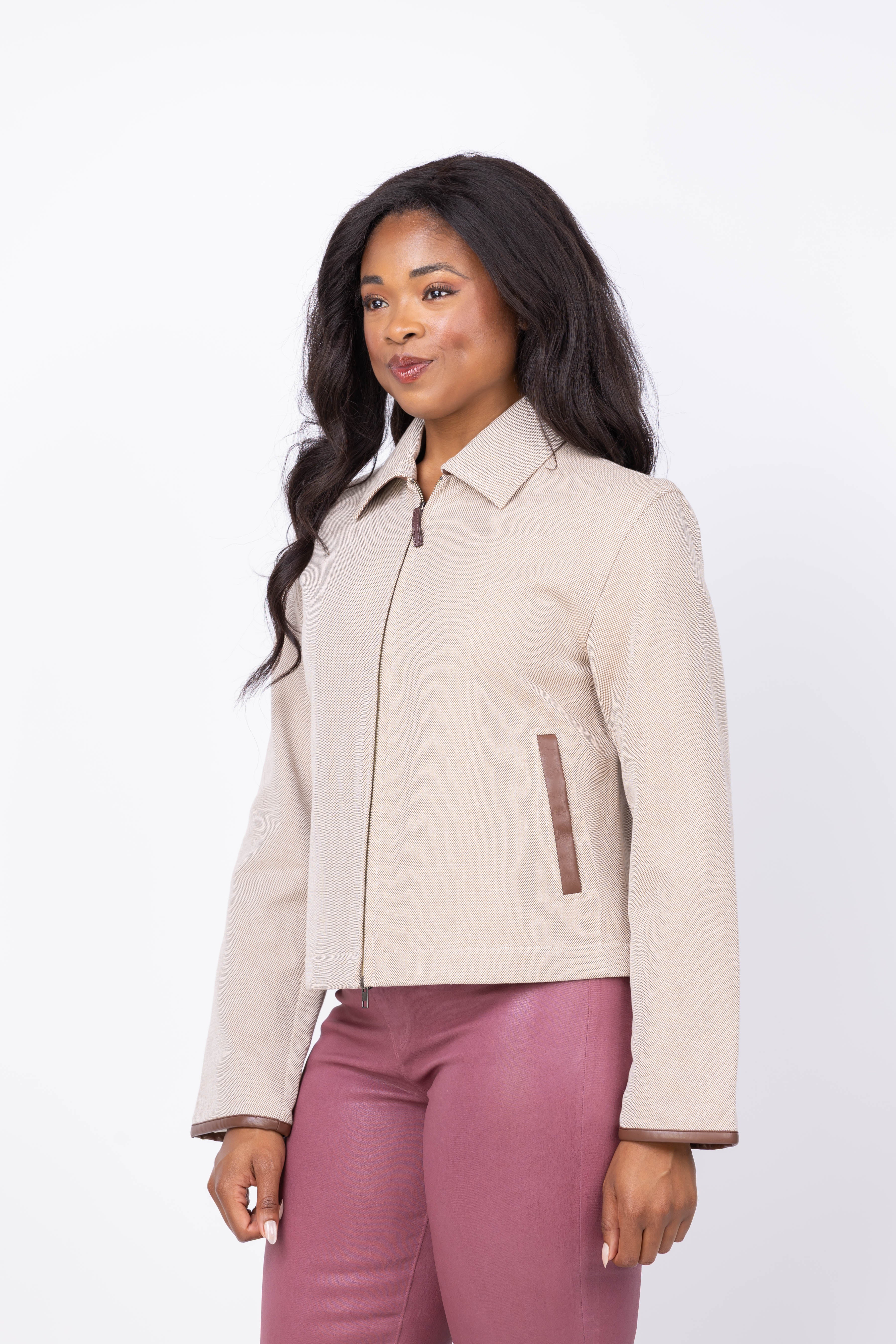 Vince Faux Leather Trim Cropped Jacket in Villa Stone