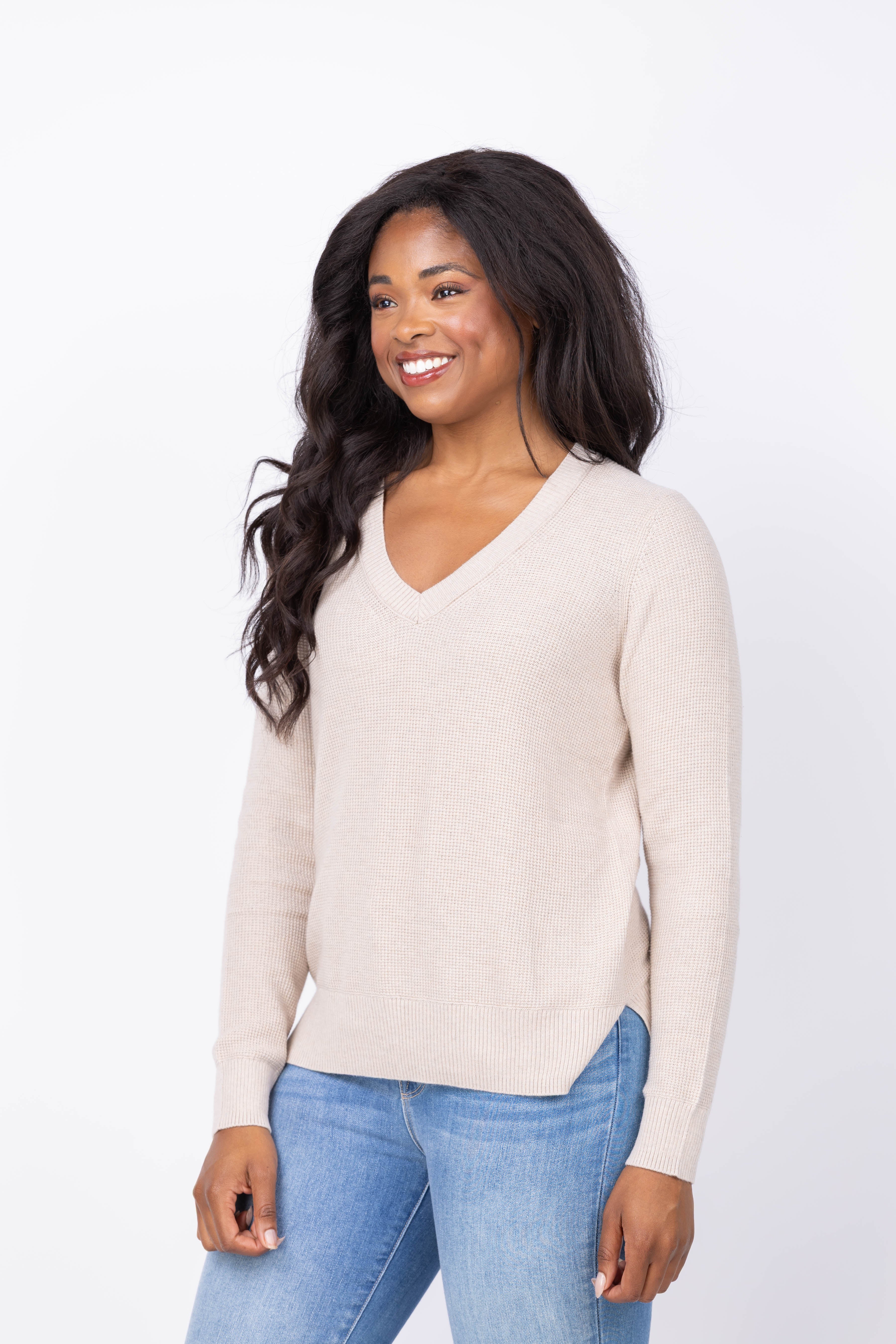 Nic + Zoe Waffle Stitch V-Neck Sweater in Taupe