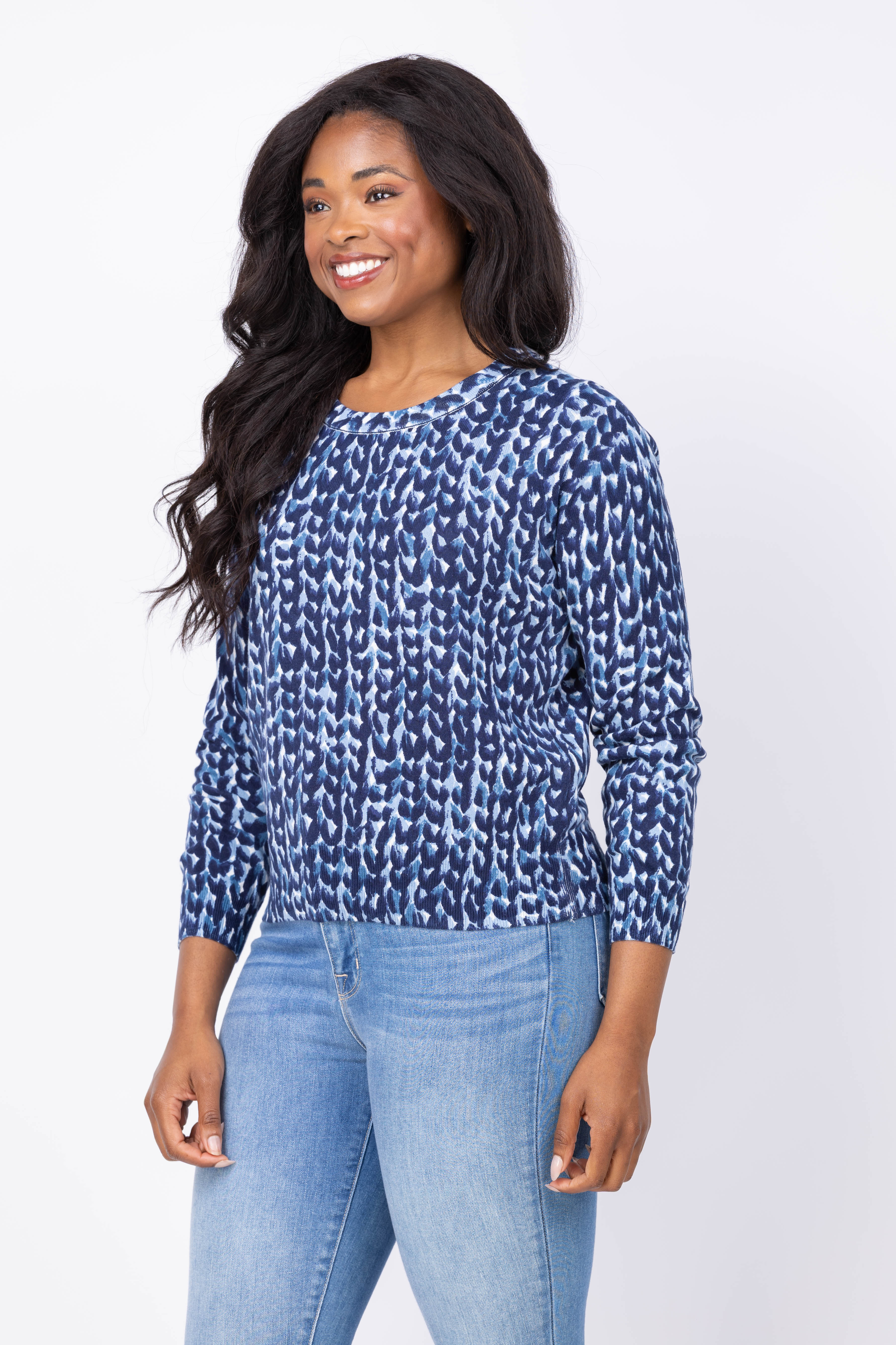 Nic + Zoe Knit Stitch Pure Cotton Sweater in Blue Multi