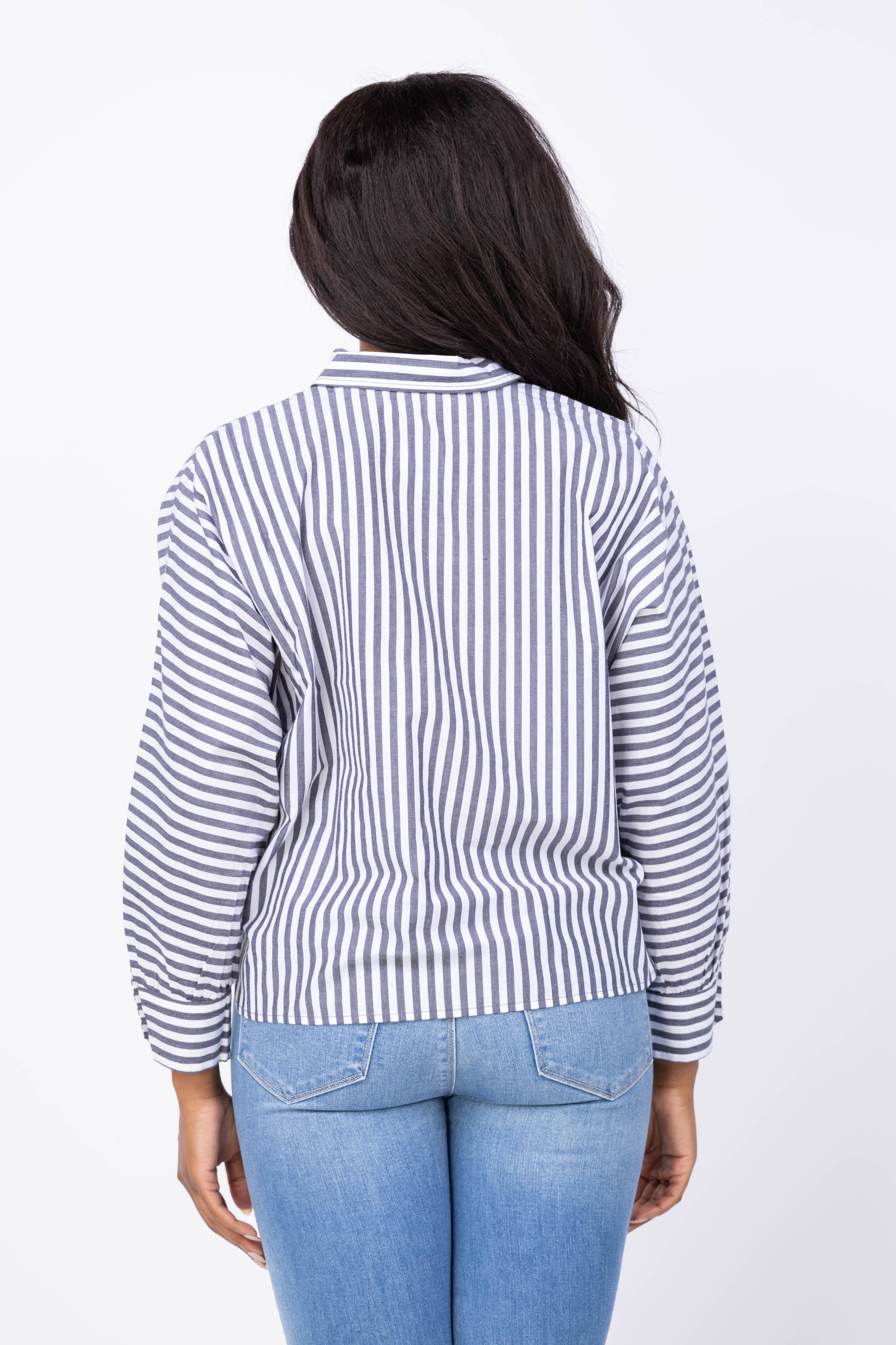Lilla P Dolman Sleeve Button Down Shirt in Navy/White Stripe