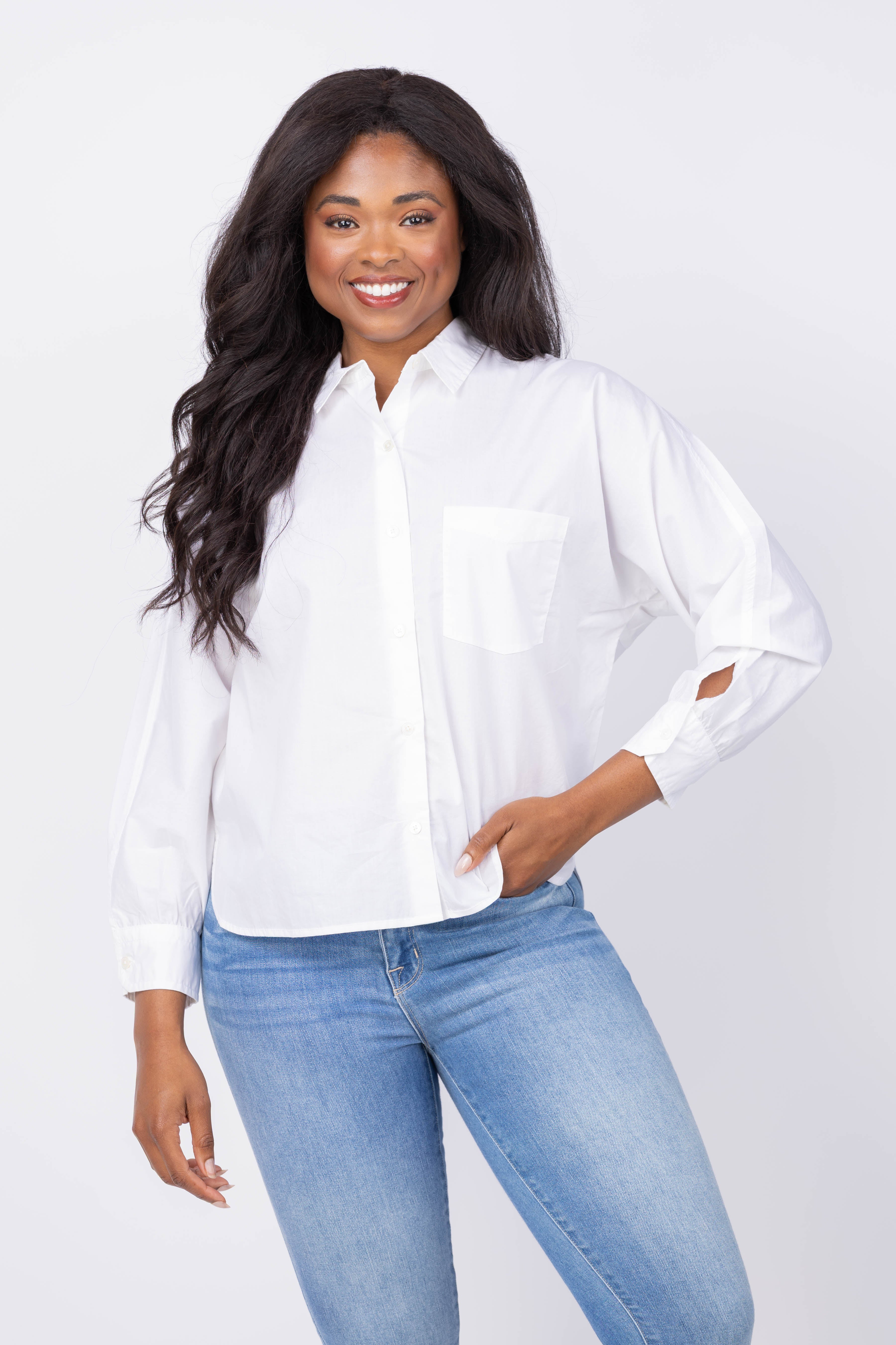 Lilla P Dolman Sleeve Button Down Shirt in White