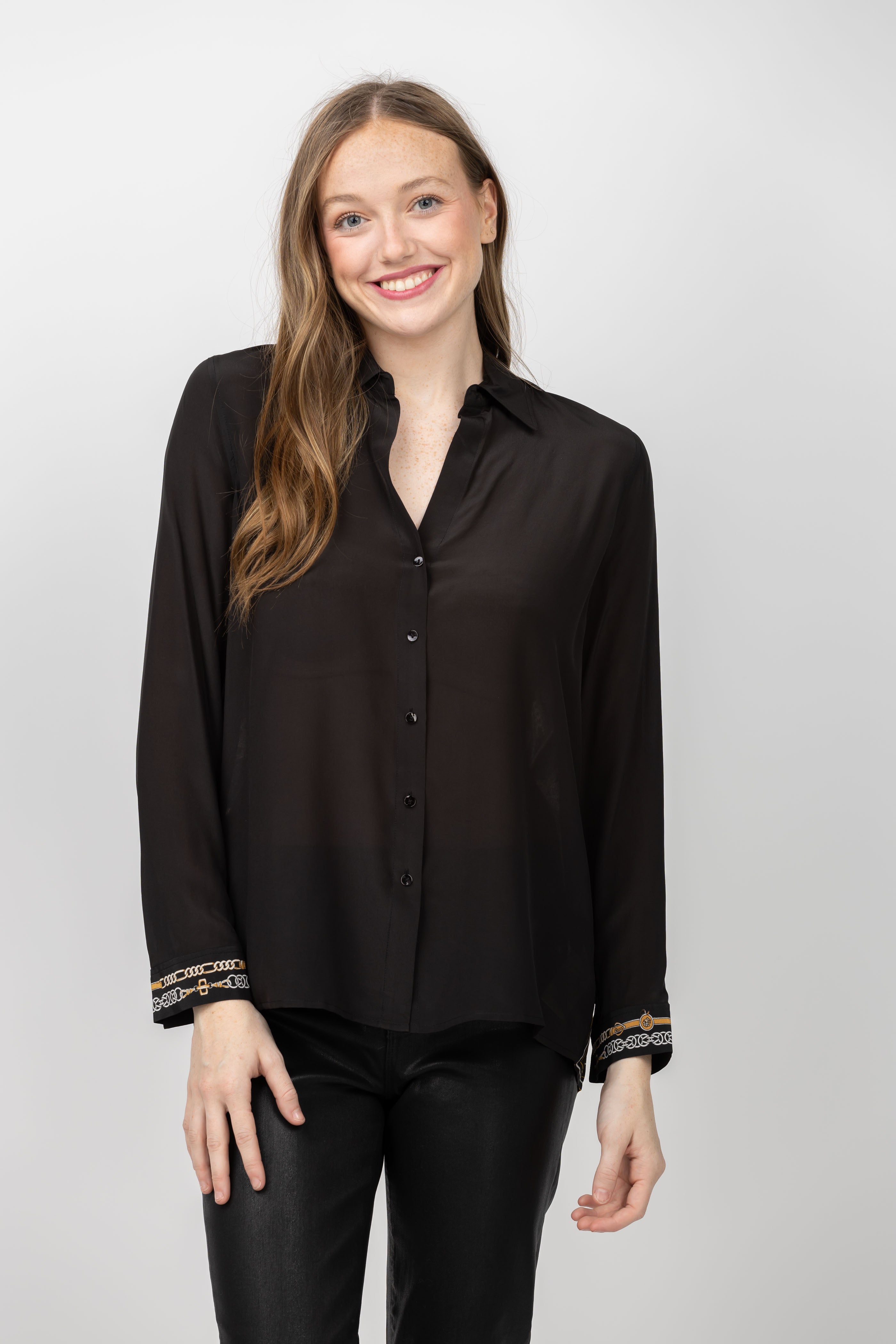 L'AGENCE Gio Long Sleeve Blouse in Black/Camel Buckle Scarf