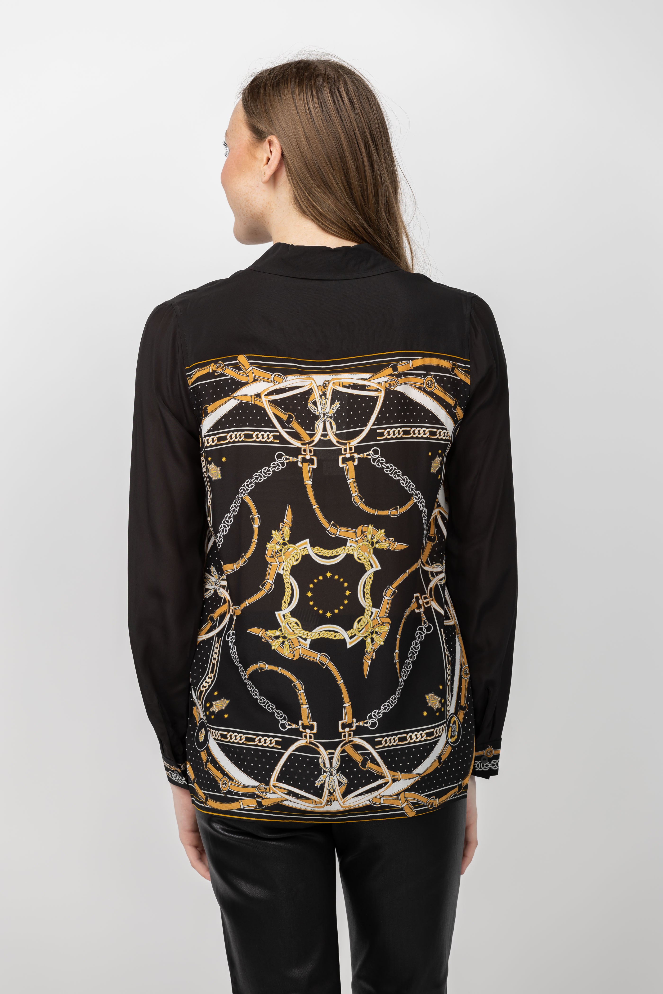 L'AGENCE Gio Long Sleeve Blouse in Black/Camel Buckle Scarf