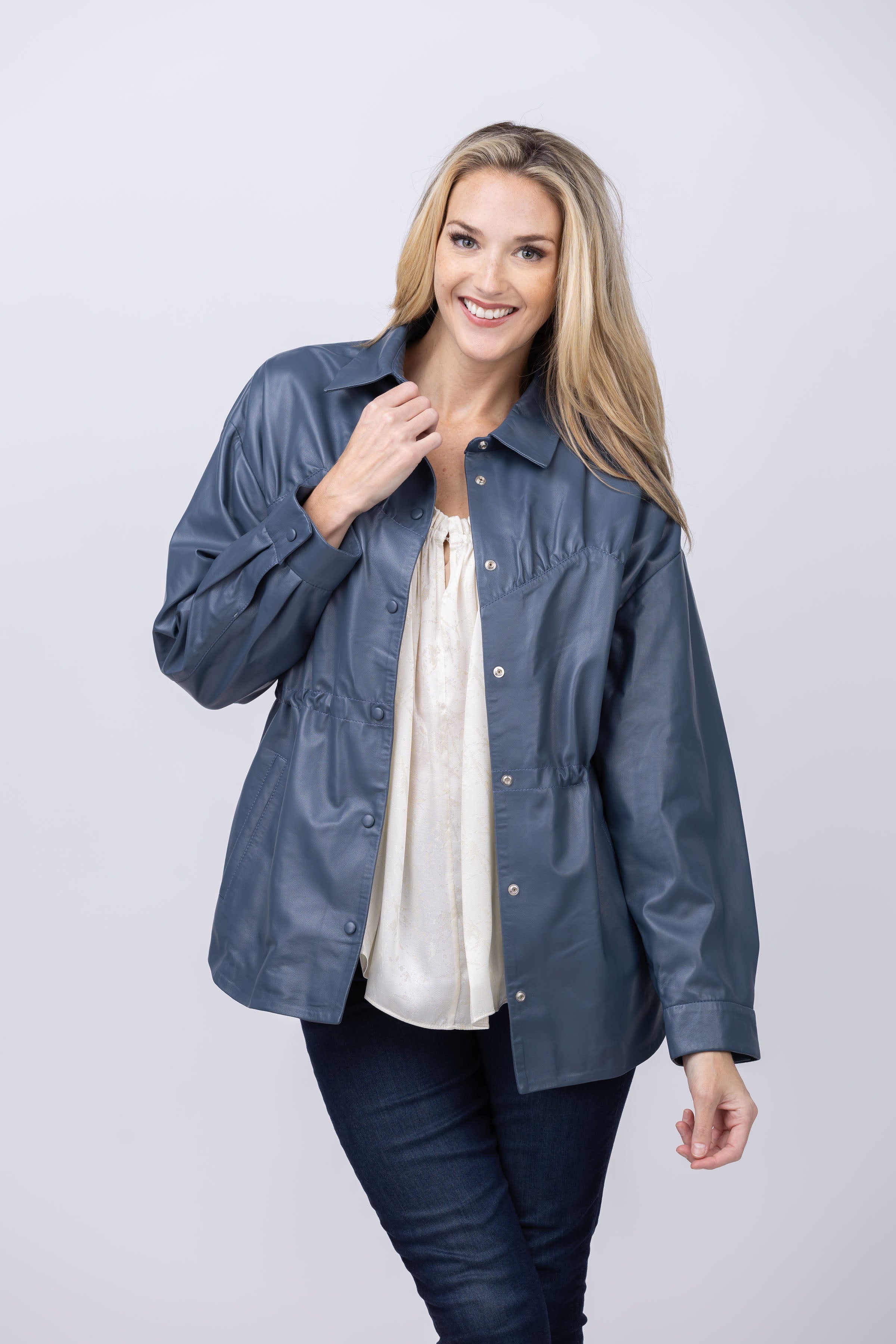 Iro Calisto Leather Shirt Jacket in Blue Grey
