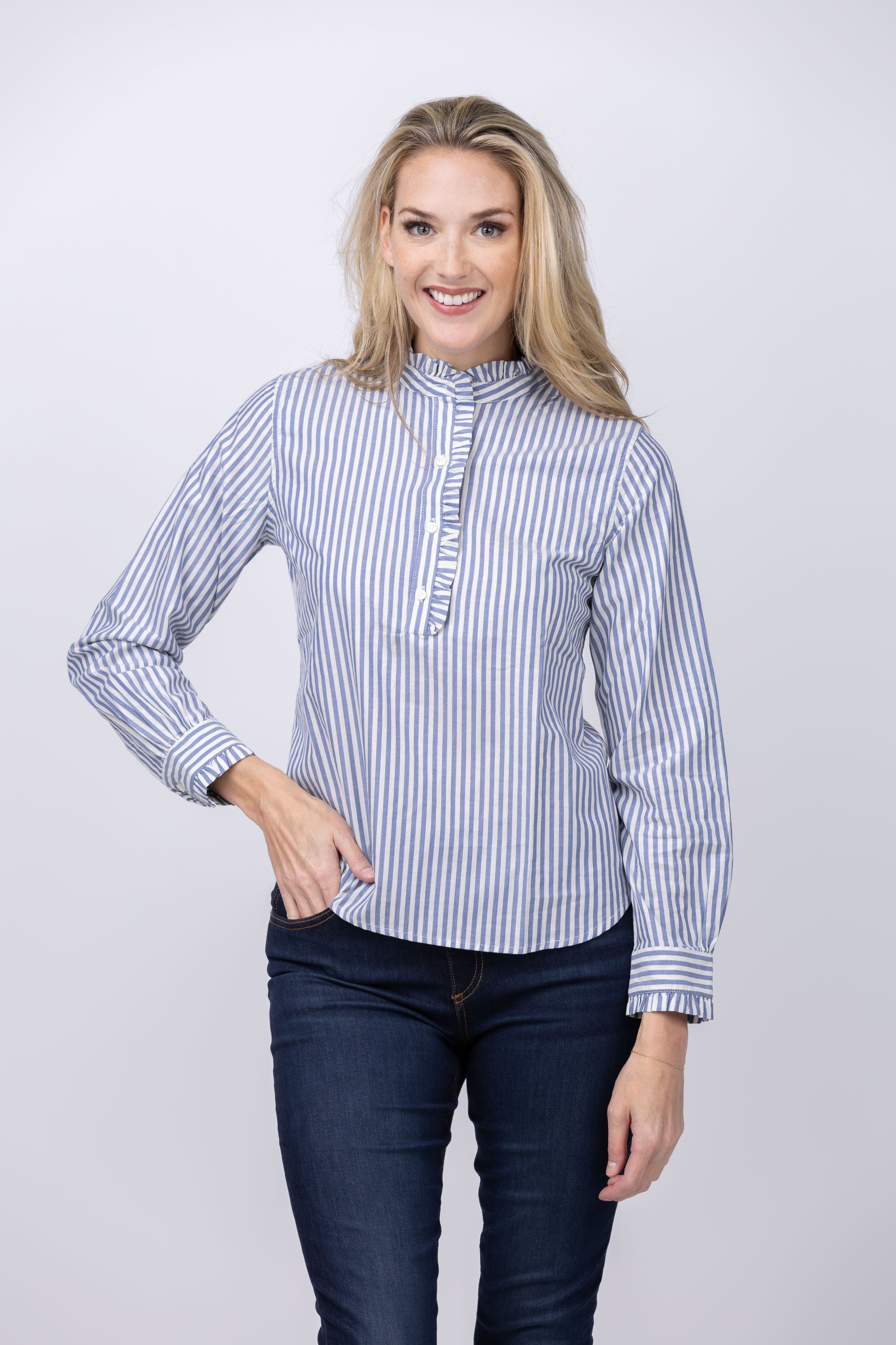 Trovata Breezy Blouse In Navy Stripe