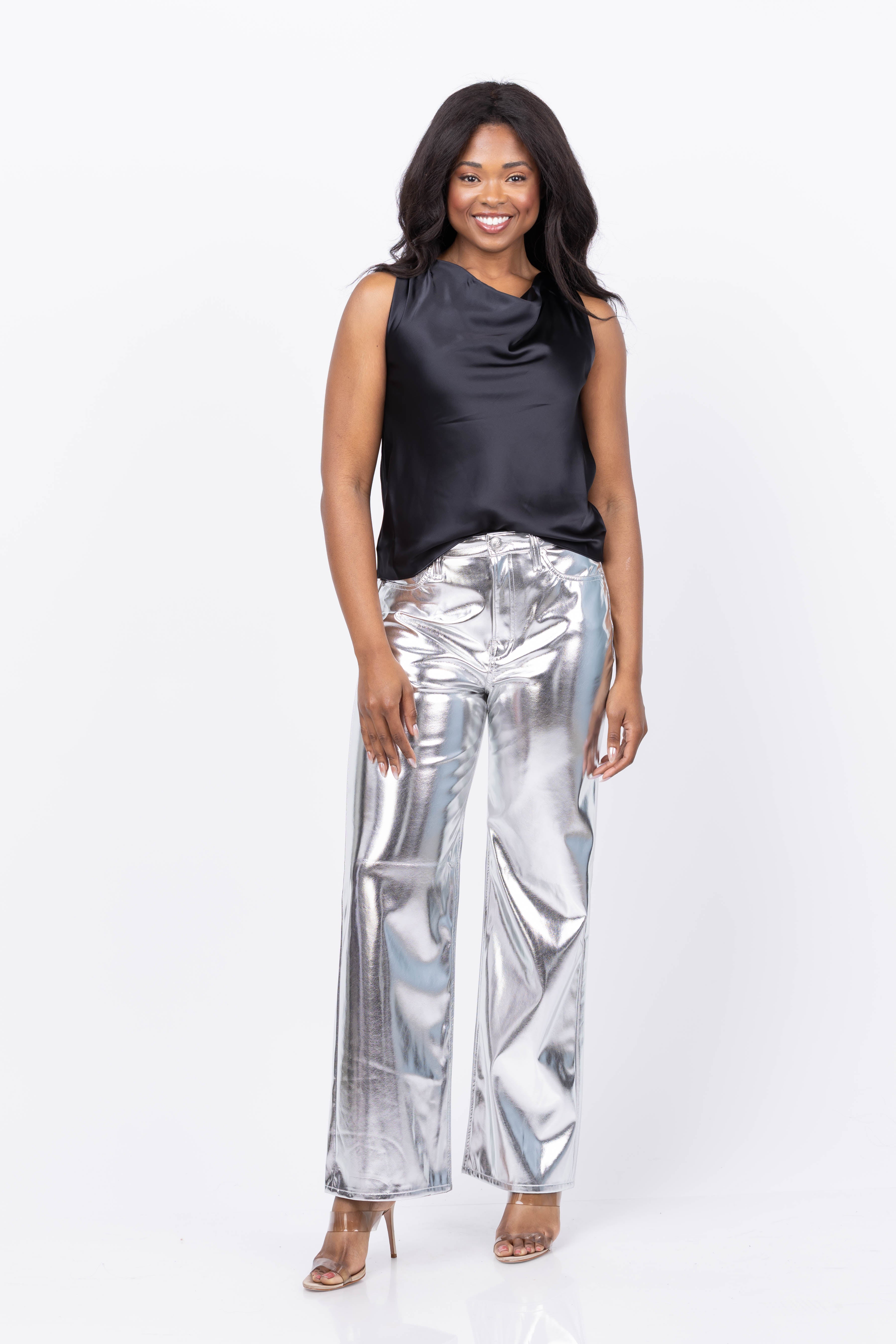 wide slacks pants × silver bracelet Rag & Bone Logan Faux Leather Wide Leg Pant in Silver