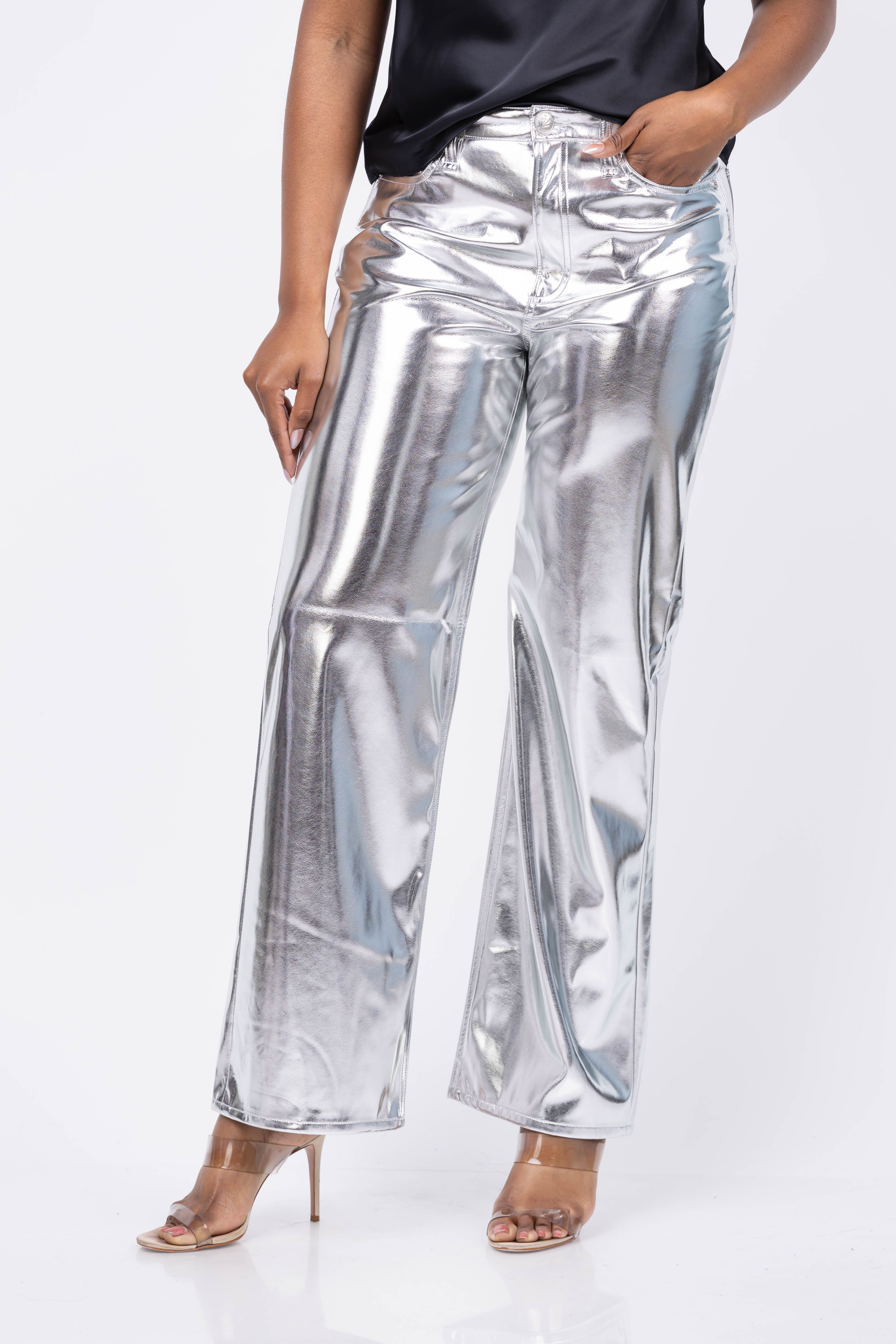 Rag & Bone Logan Faux Leather Wide Leg Pant in Silver