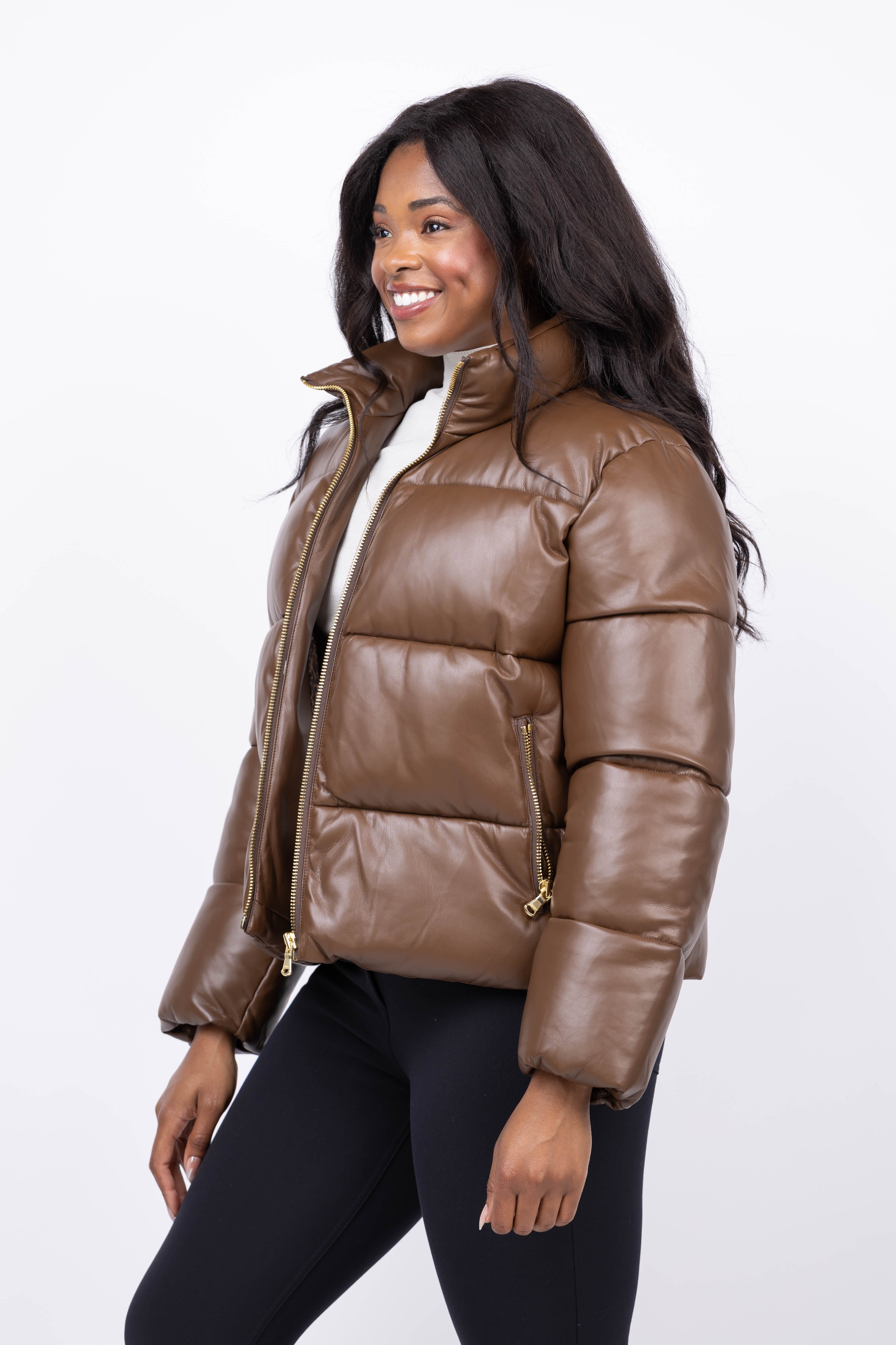 L'AGENCE Larsen Vegan Leather Puffer Jacket in Carafe Brown