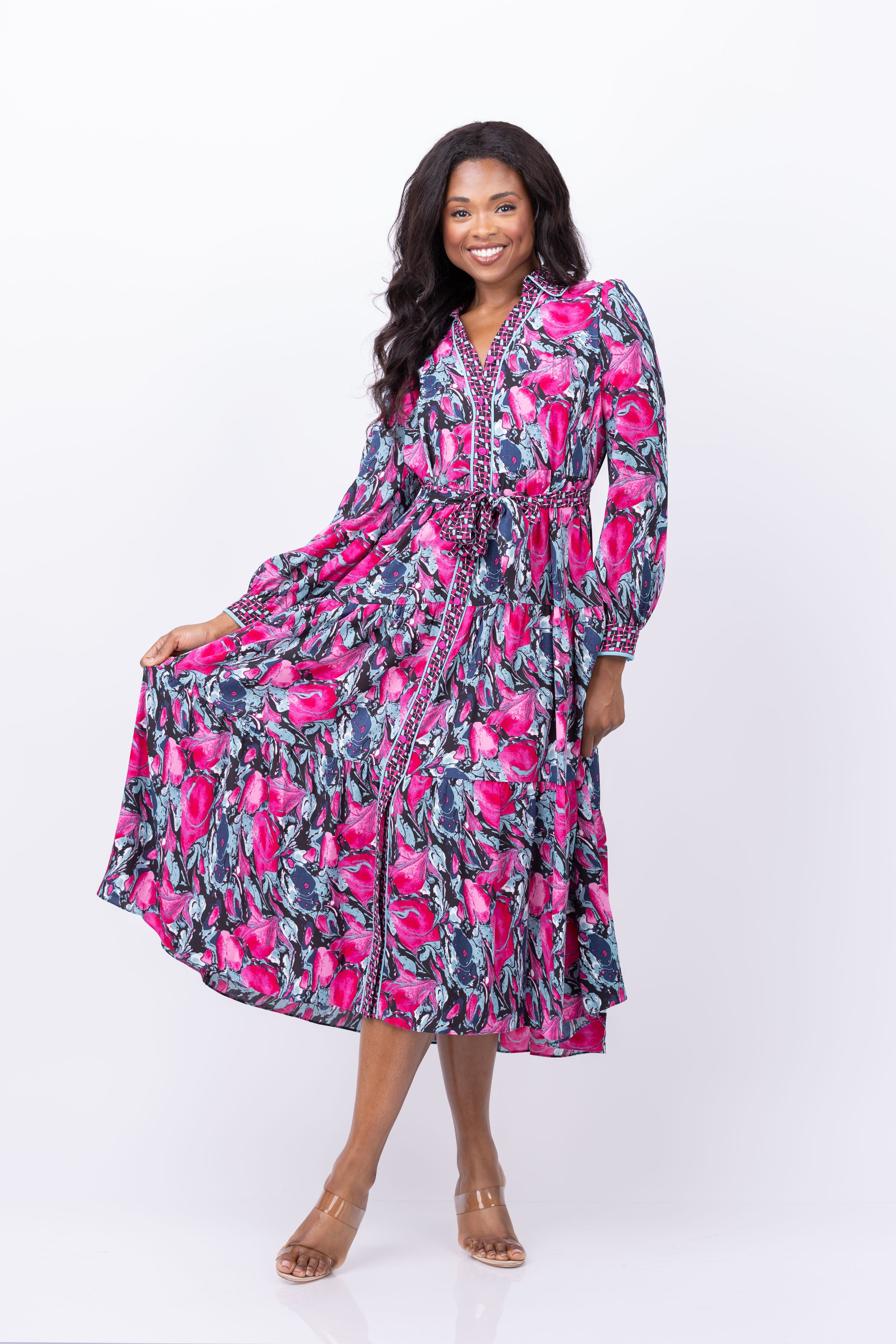 pink marble dress long sleeve DVF Alea Dress in Misfit Marble/Lydian Indian Pink