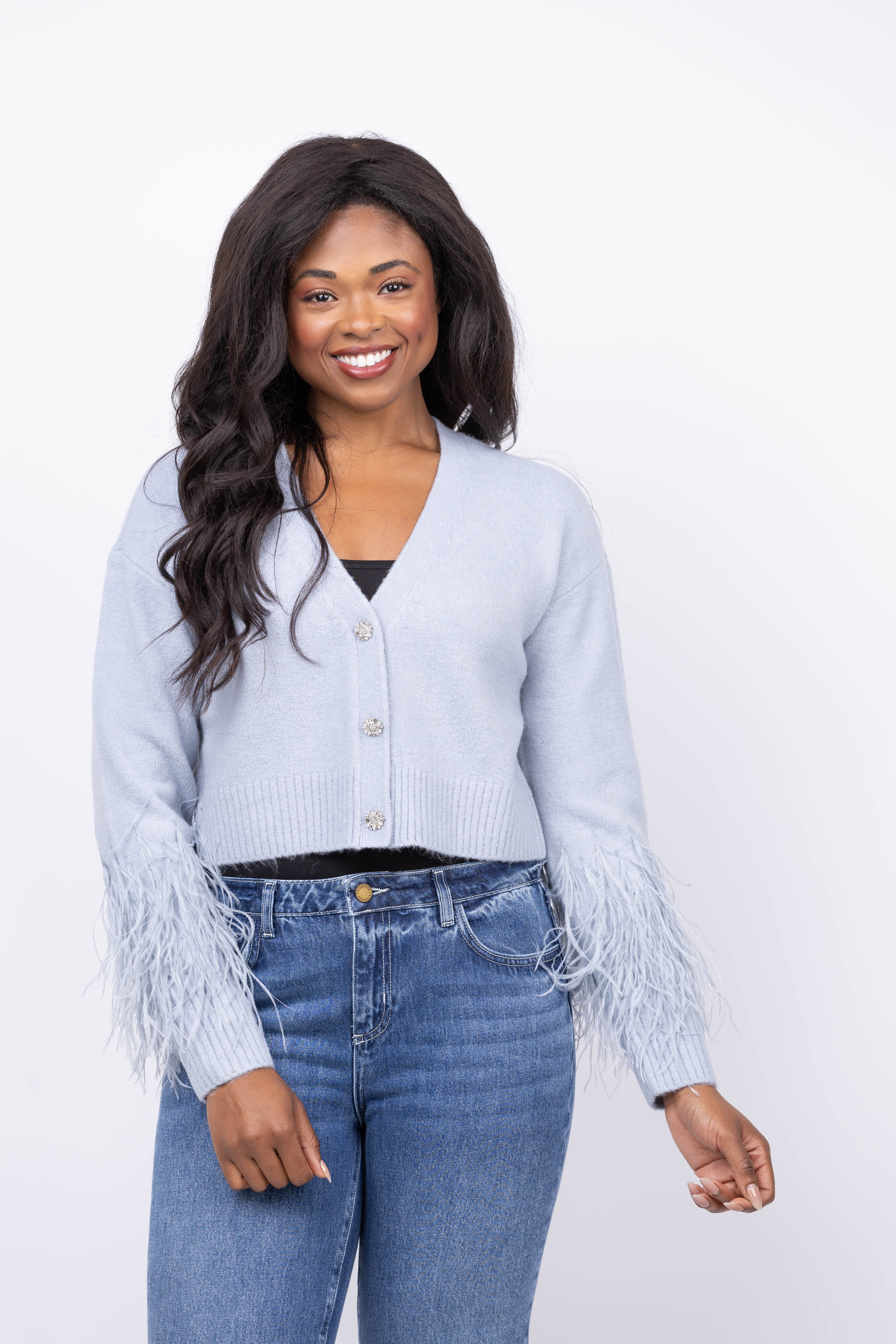 Cinq à Sept Bria Feather Cardigan in Misty Blue