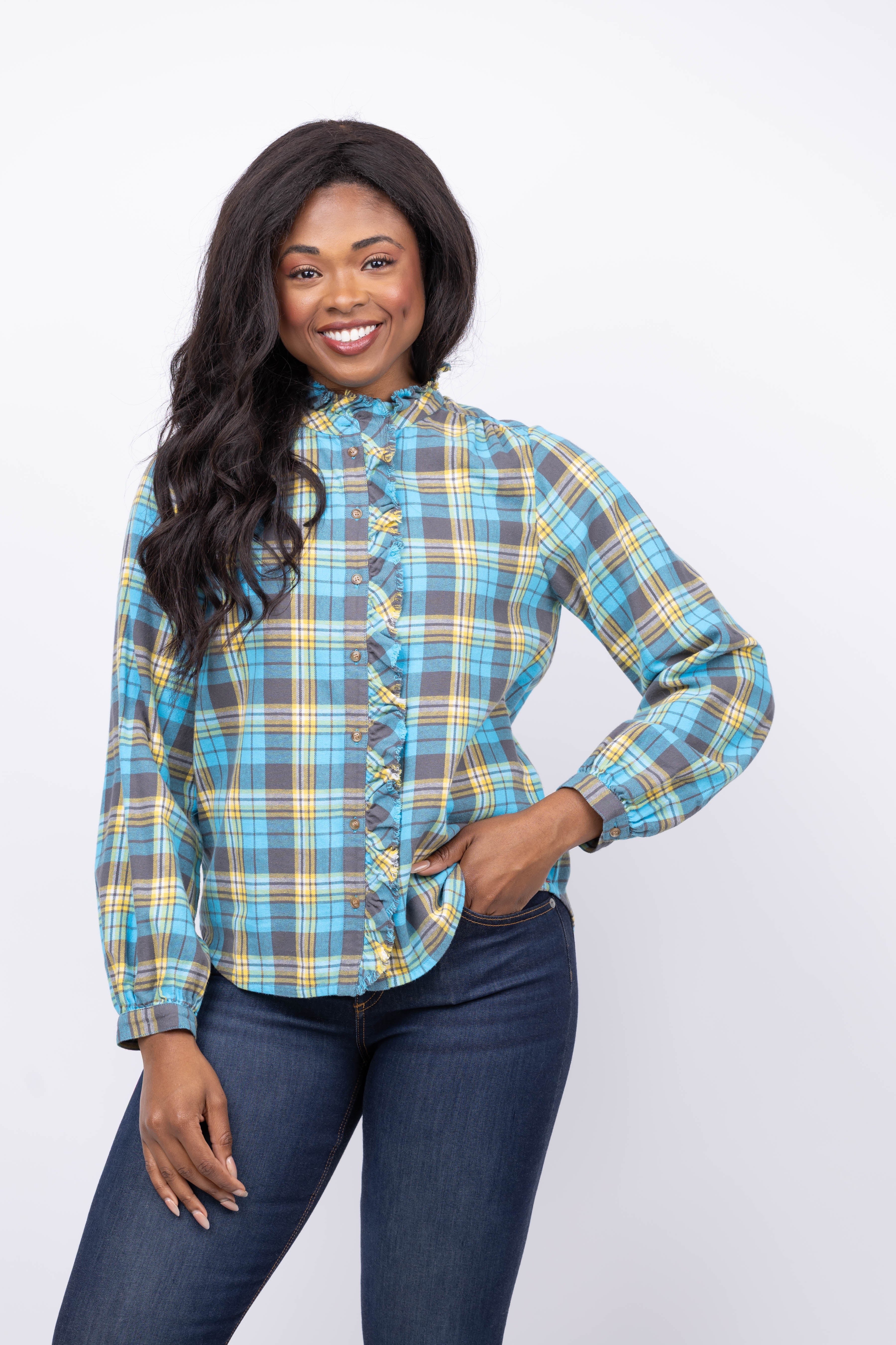 Xirena Nicholson Shirt In Turquoise Yellow Plaid