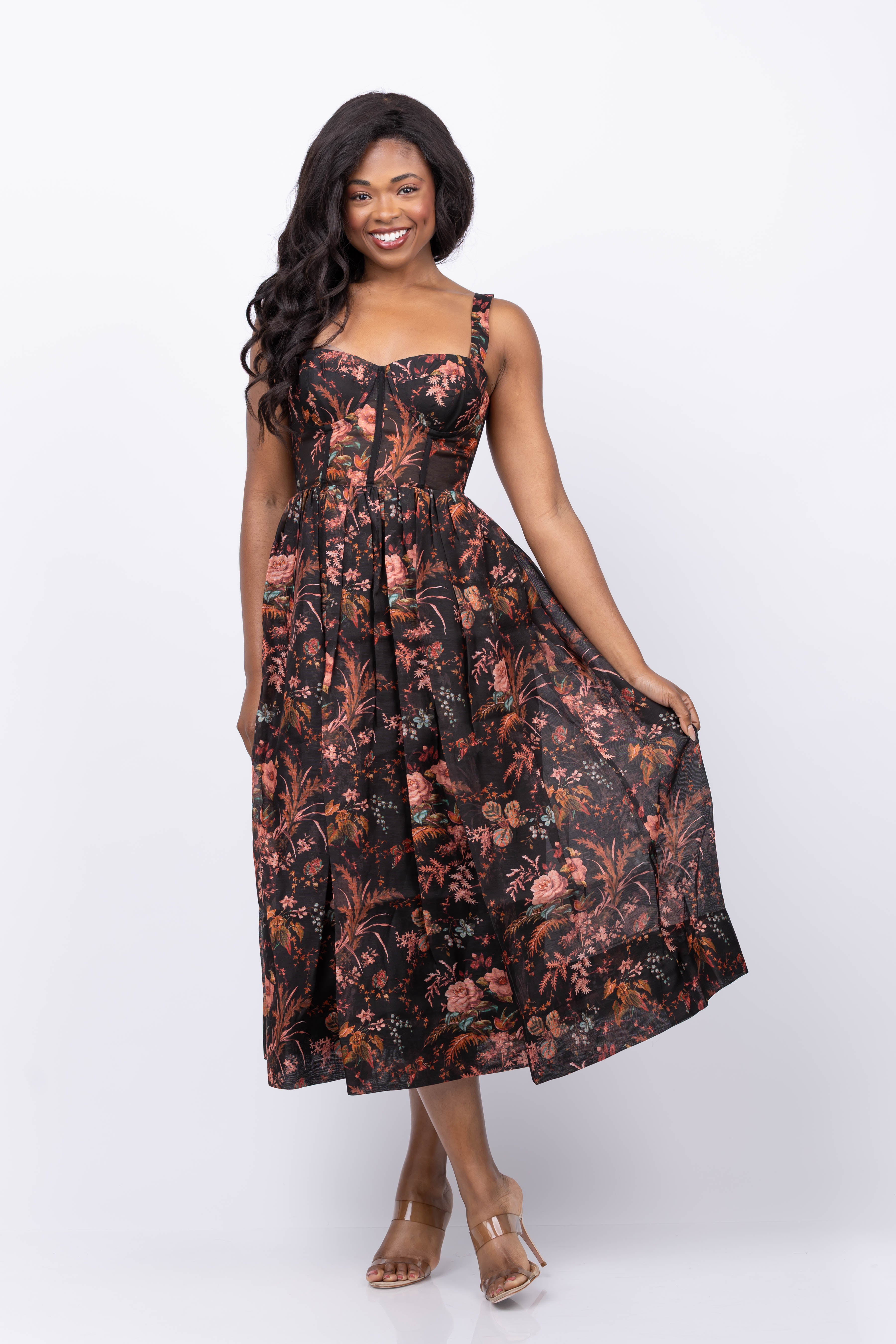 black print midi dress Adrianna Papell Drop Waist Midi Dress Women's Dress Black/Ivory : 2