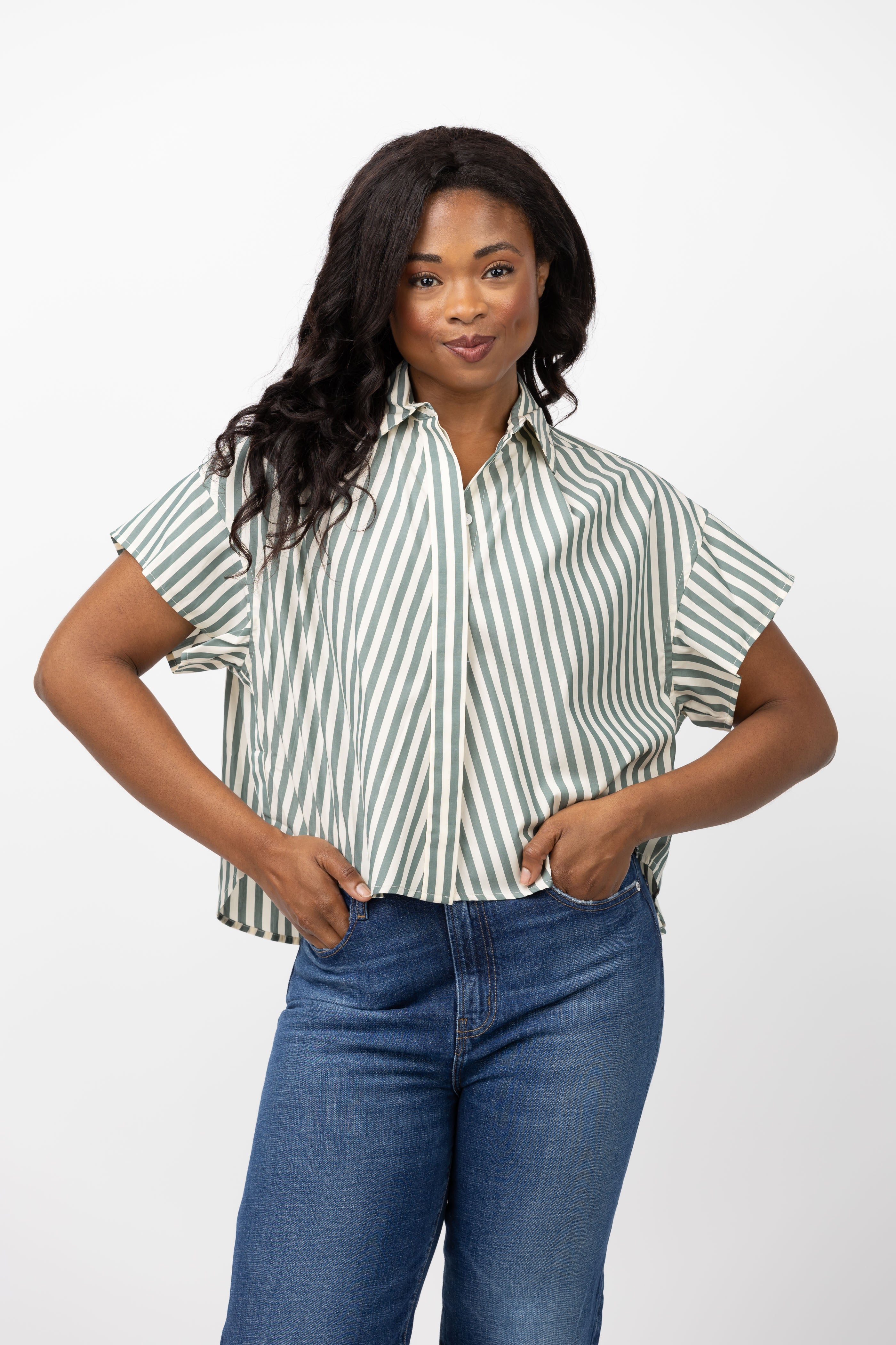 Rag & Bone Martha Poplin Top in Green Stripe