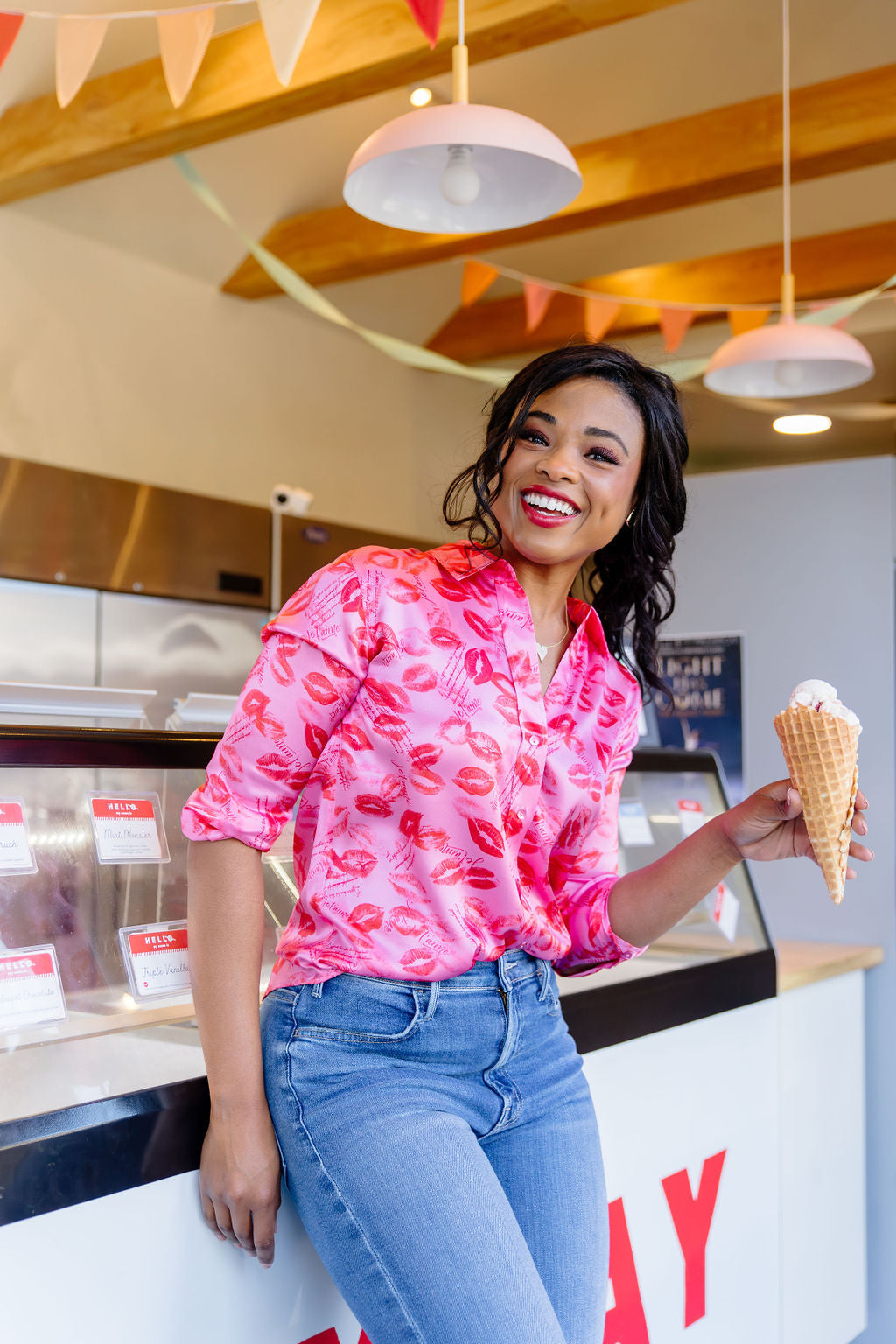 L'AGENCE Dani 3/4 Sleeve Blouse in Pink Multi Valentine Kiss Print