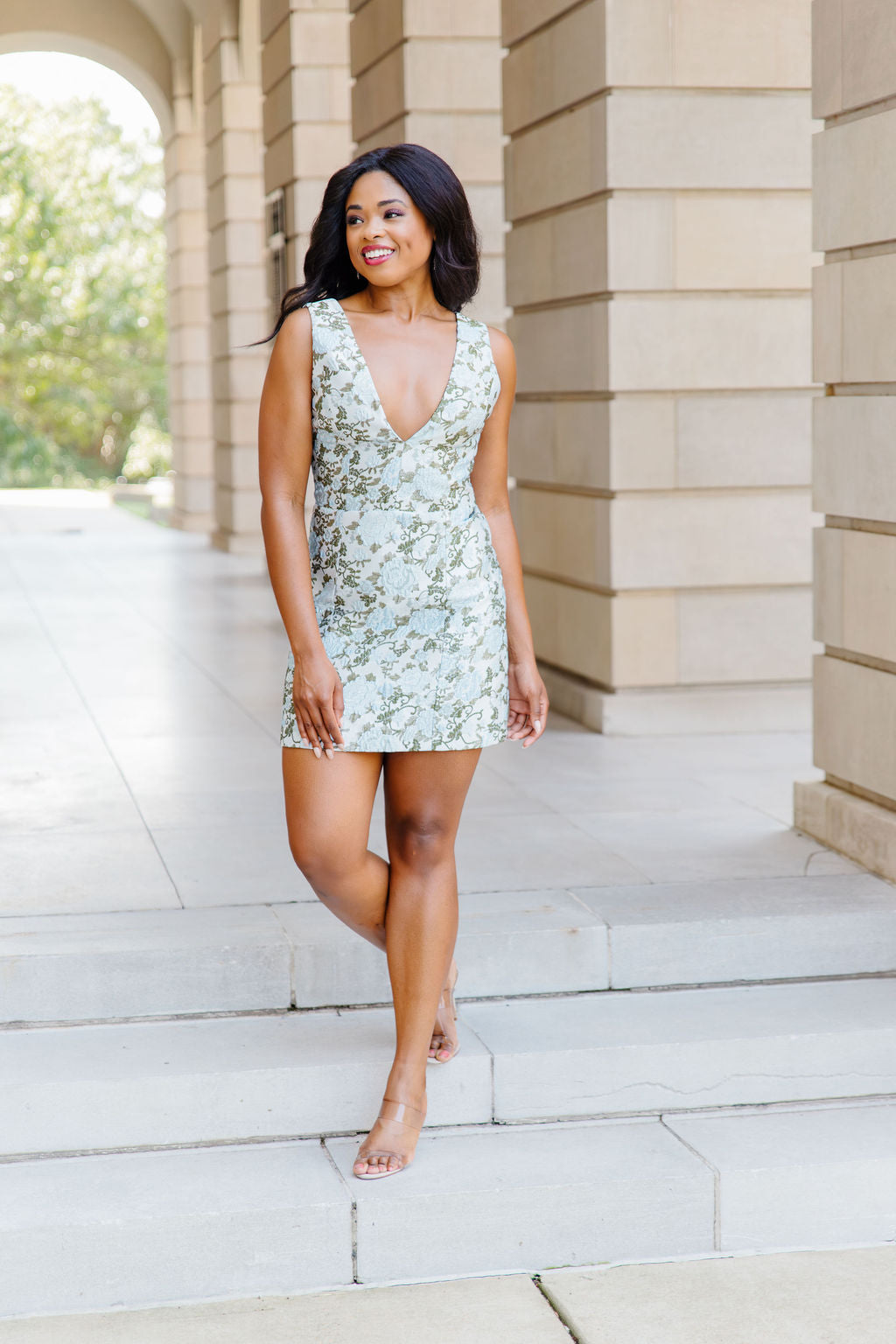 Alice + Olivia Tatum Deep V Mini Dress in Mineral Blue Alice + Olivia Tatum Deep V Mini Dress in Mineral Blue