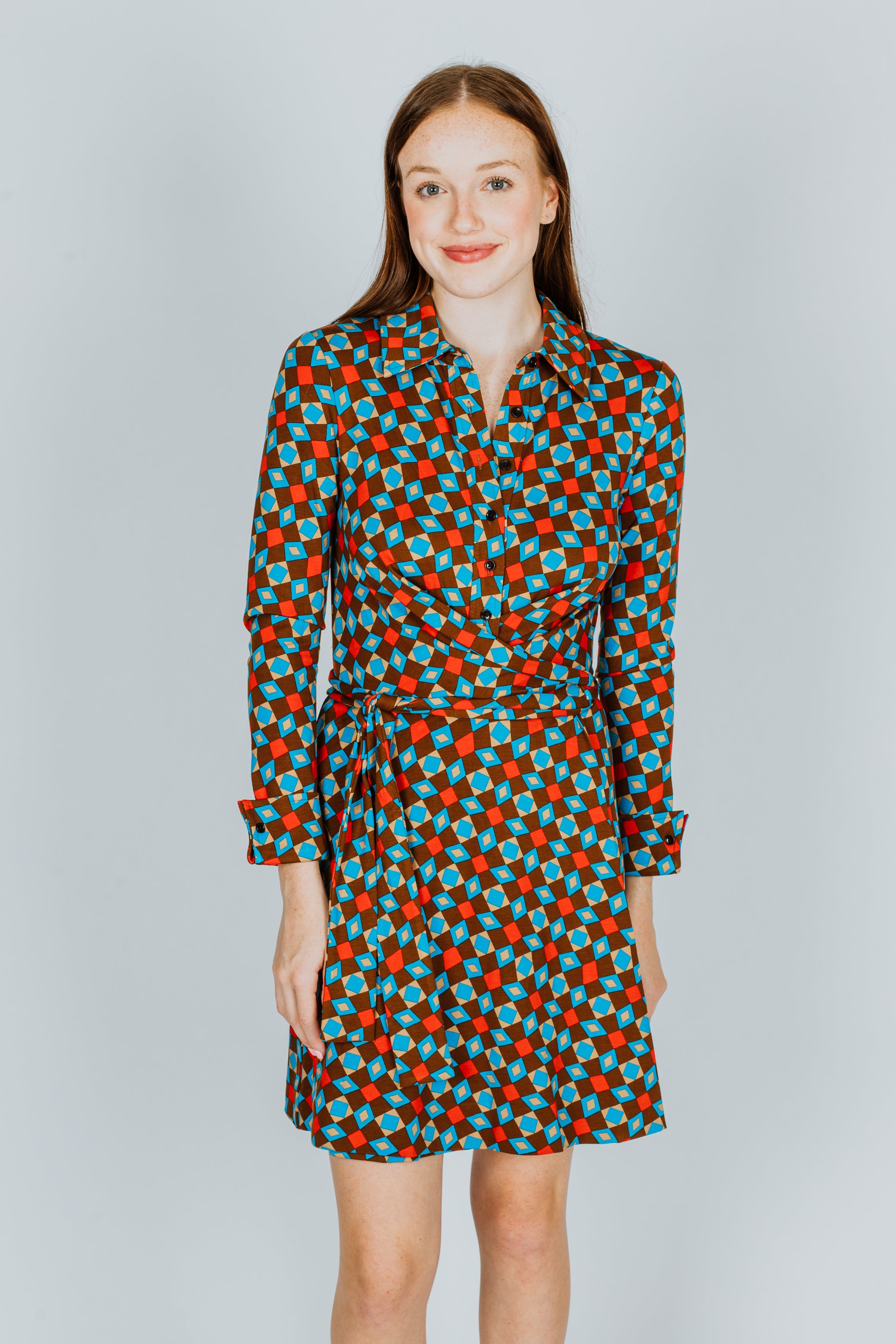 DVF Didi Mini Wrap Dress in Tile Geo Medium Chocolate DVF Didi Mini Wrap Dress in Tile Geo Medium Chocolate