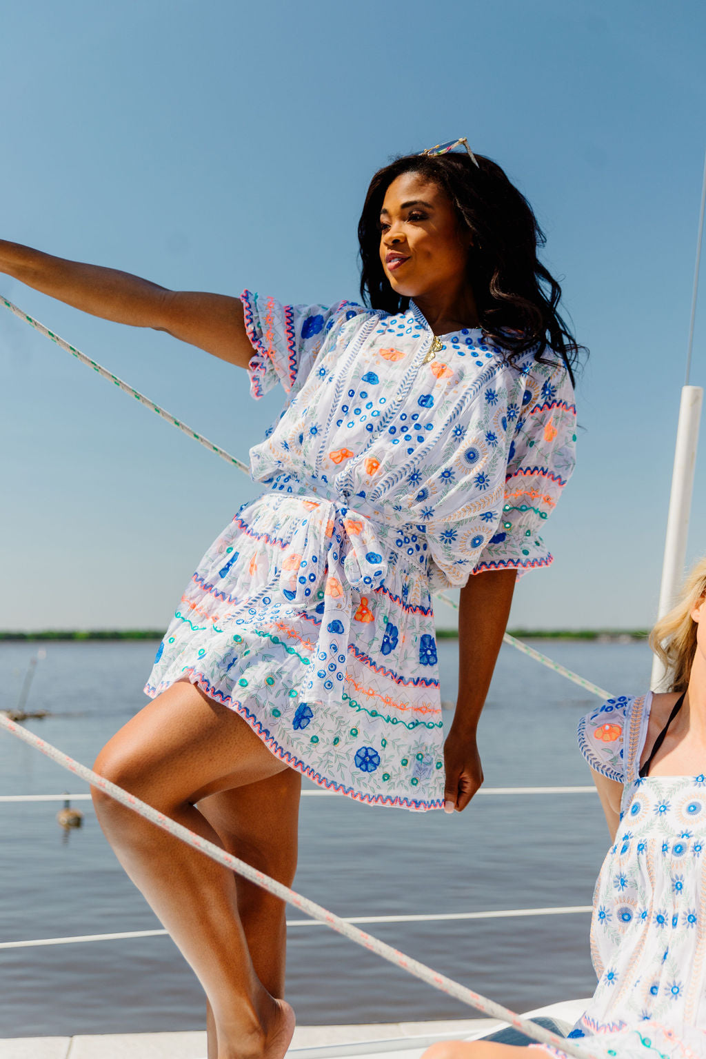 Juliet Dunn Mexican Print Blouson Dress in White with Blue Embroidery | Formal Gowns & Casual Wear for Women